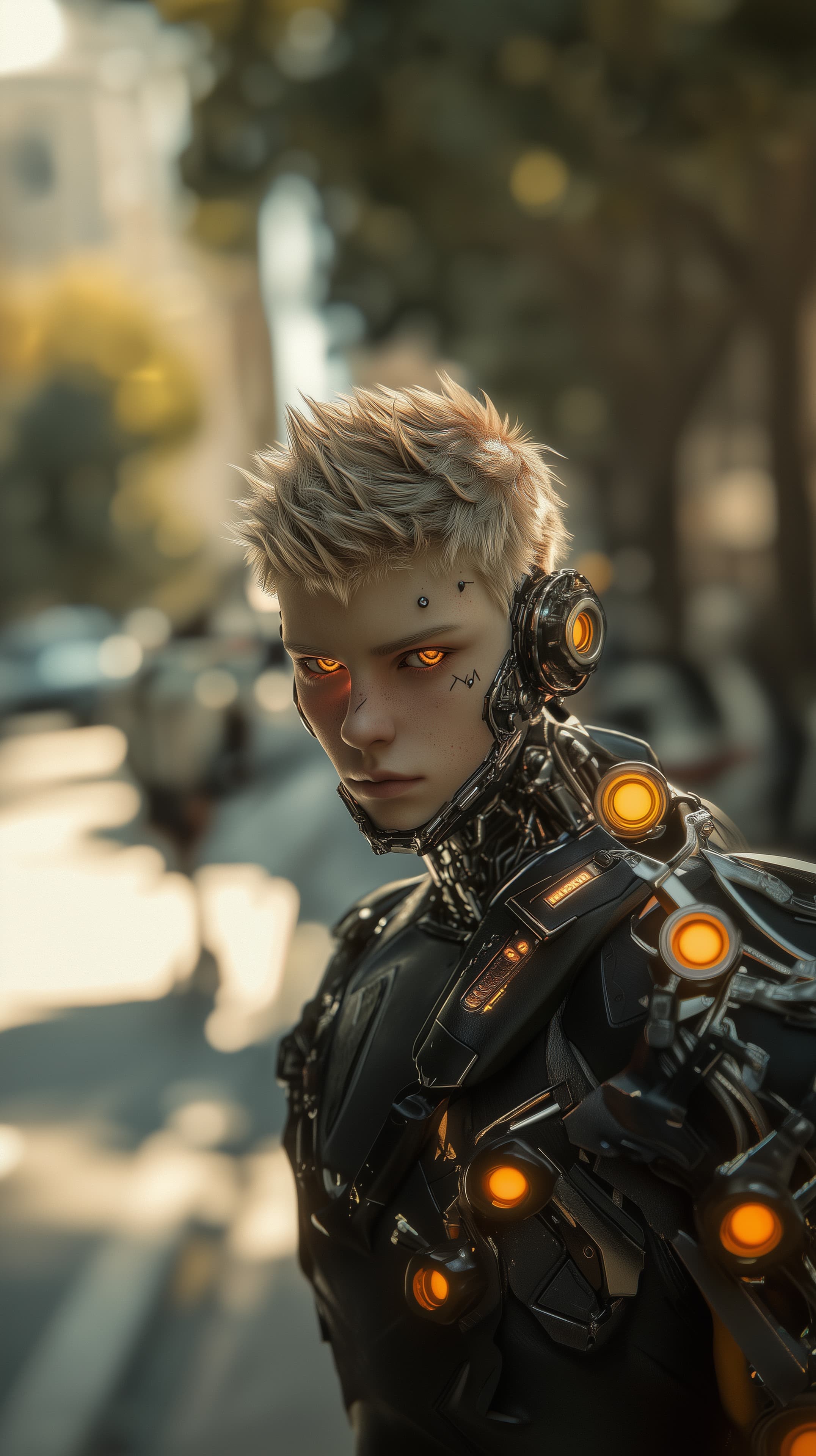 Futuristic Cyborg Warrior with Neon Orange Armor Glow - High Resolution android Wallpaper for Mobile and Desktop