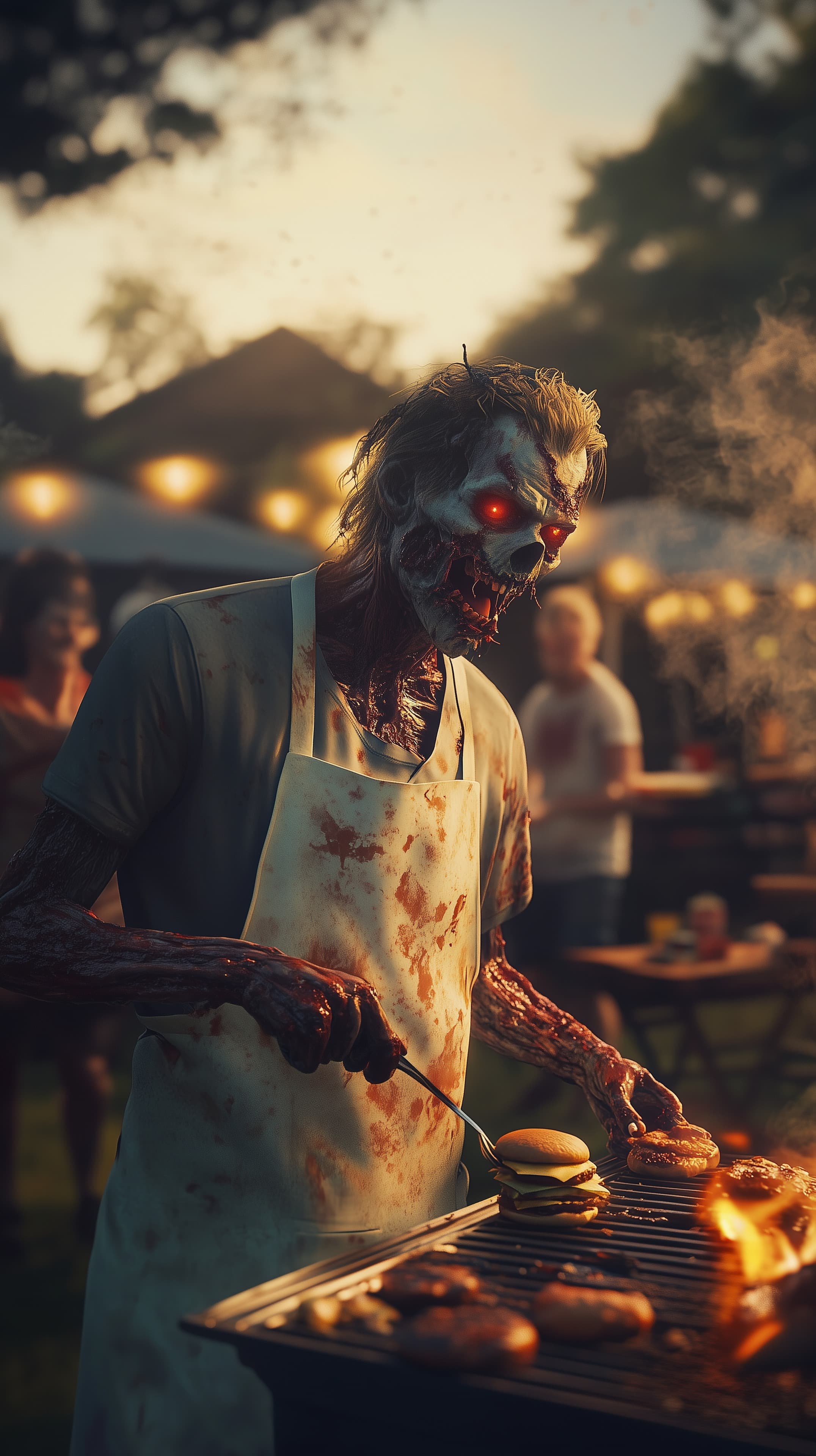 Undead Chef at Outdoor BBQ: Horror-Style Monster Grill - High Resolution barbecue Wallpaper for Mobile and Desktop