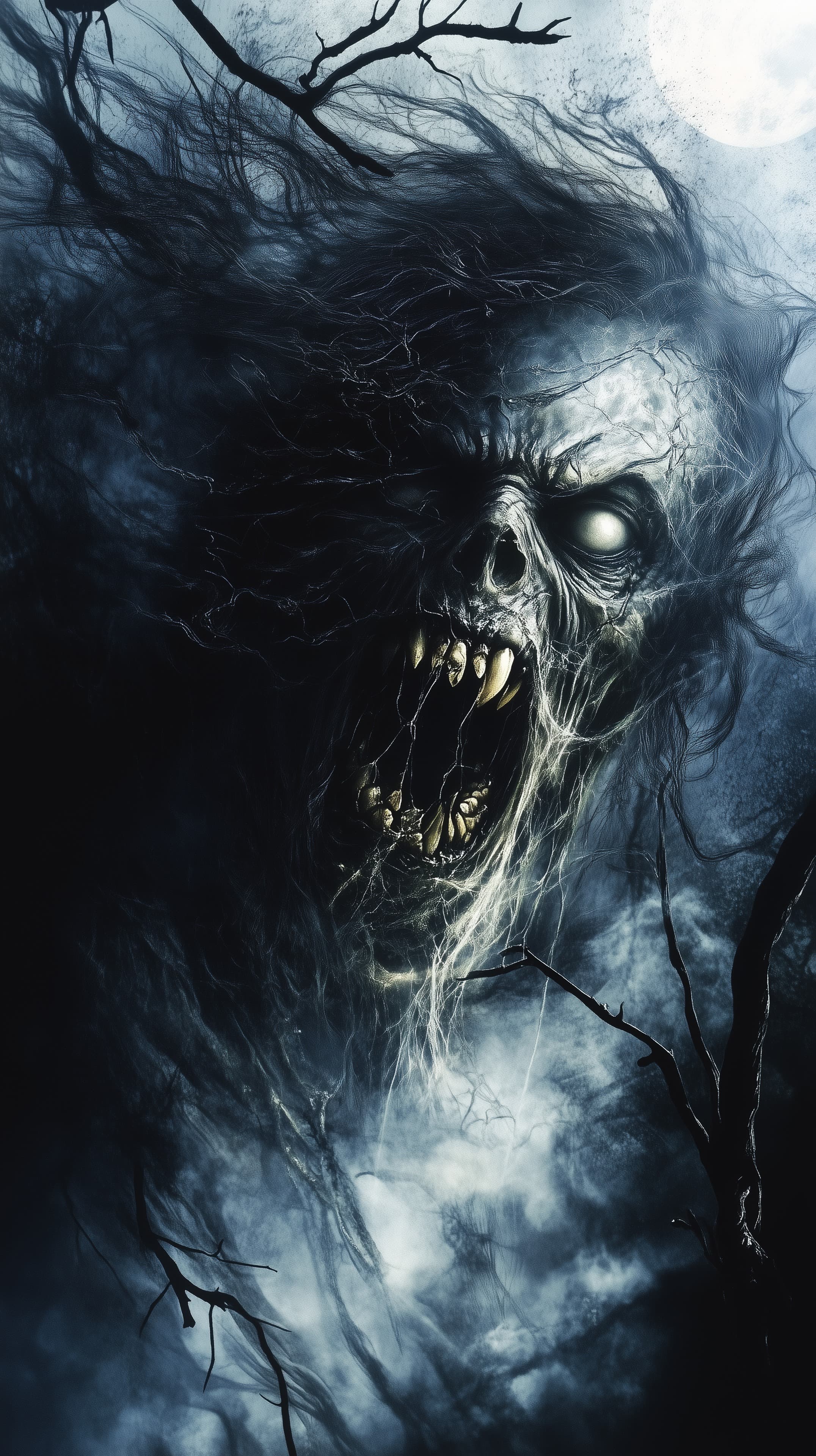 Dark Moon Horror Creature Wallpaper: Gothic Nightmares in Blue - High Resolution dark Wallpaper for Mobile and Desktop