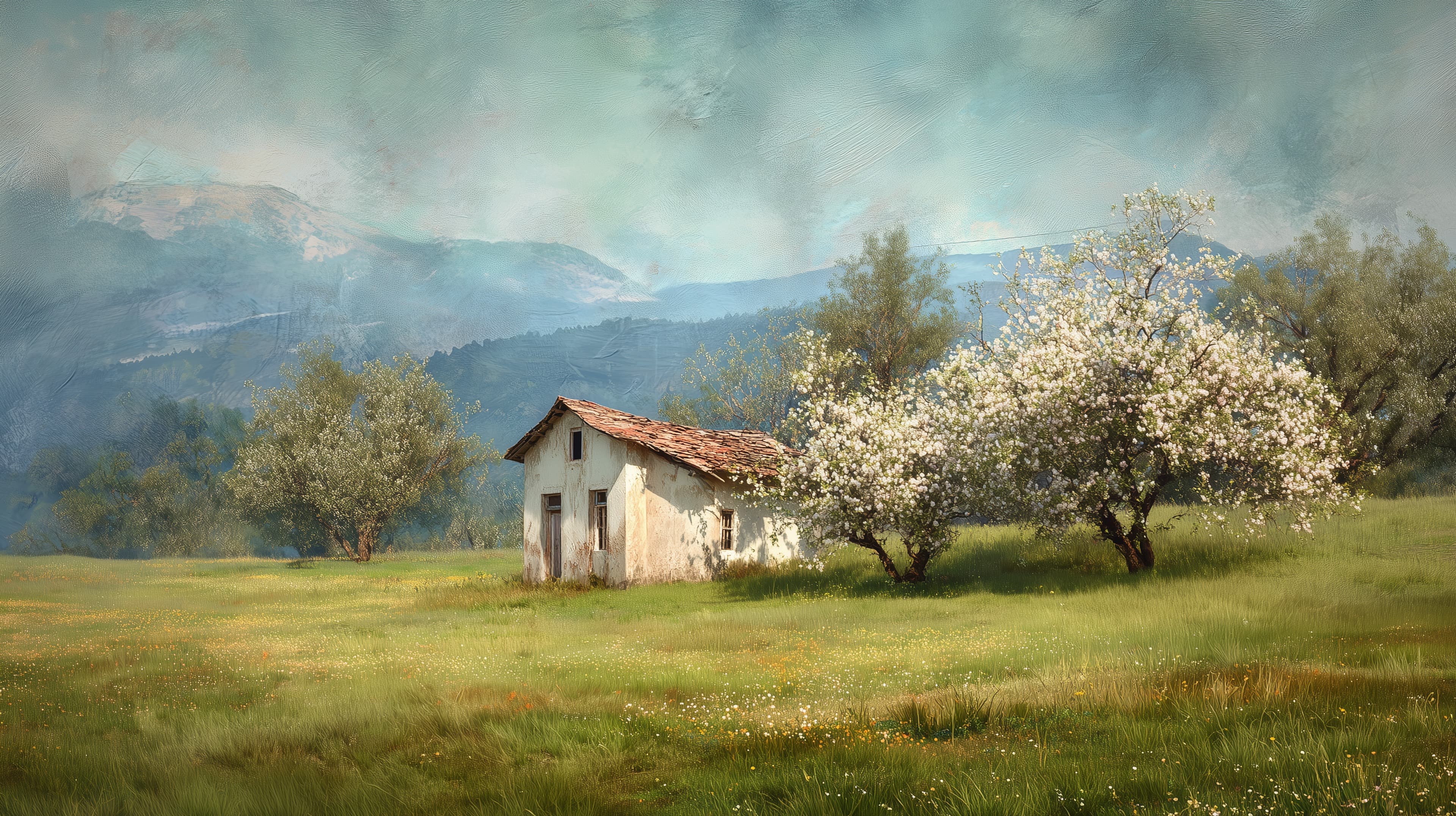 Pastoral meadow cottage with blossoming trees in soft light - High Resolution blossoming-trees Wallpaper for Mobile and Desktop