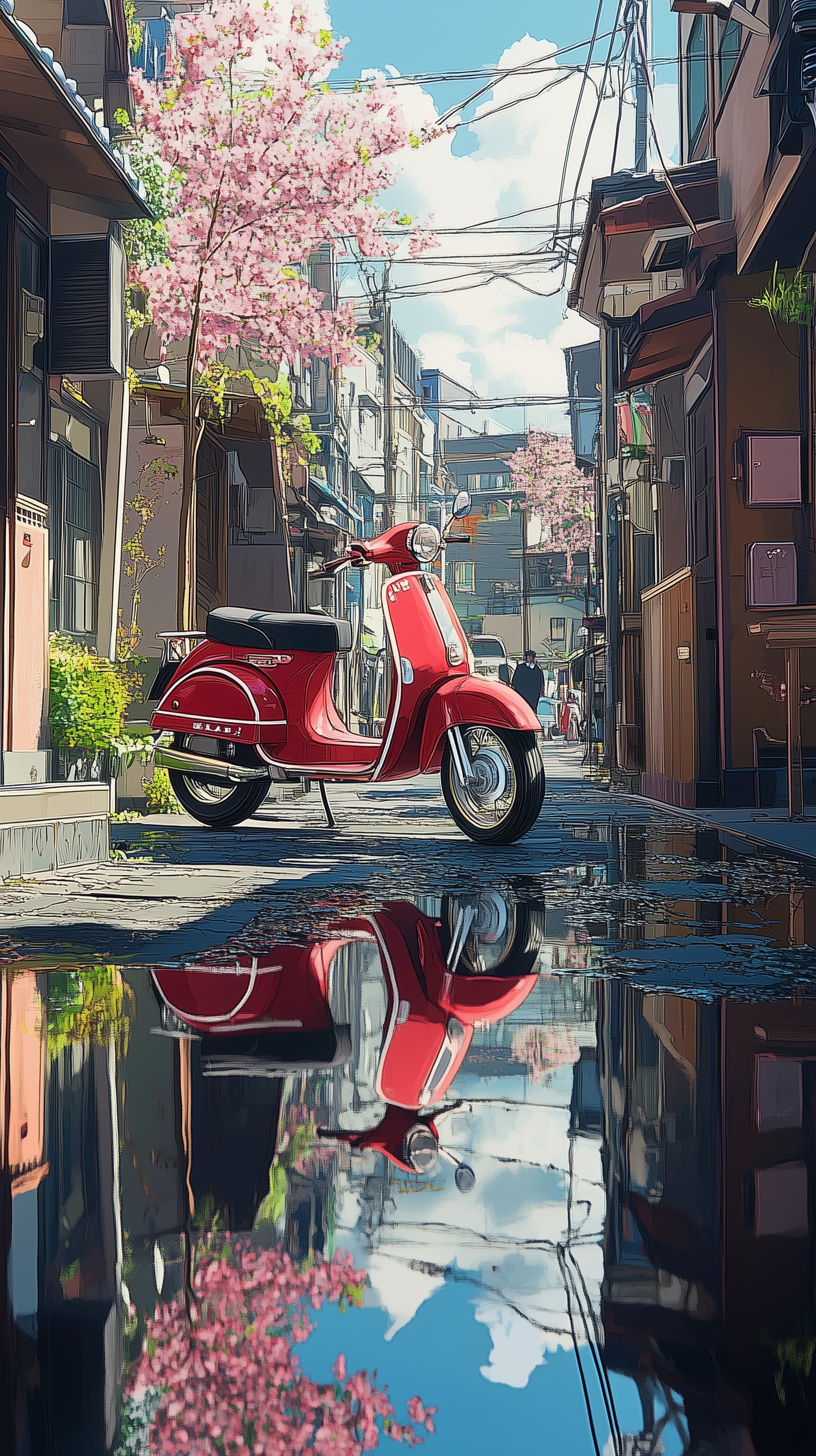 Red Scooter in Cherry Blossom Alley — Dreamy Urban Illustration - High Resolution red-scooter Wallpaper for Mobile and Desktop