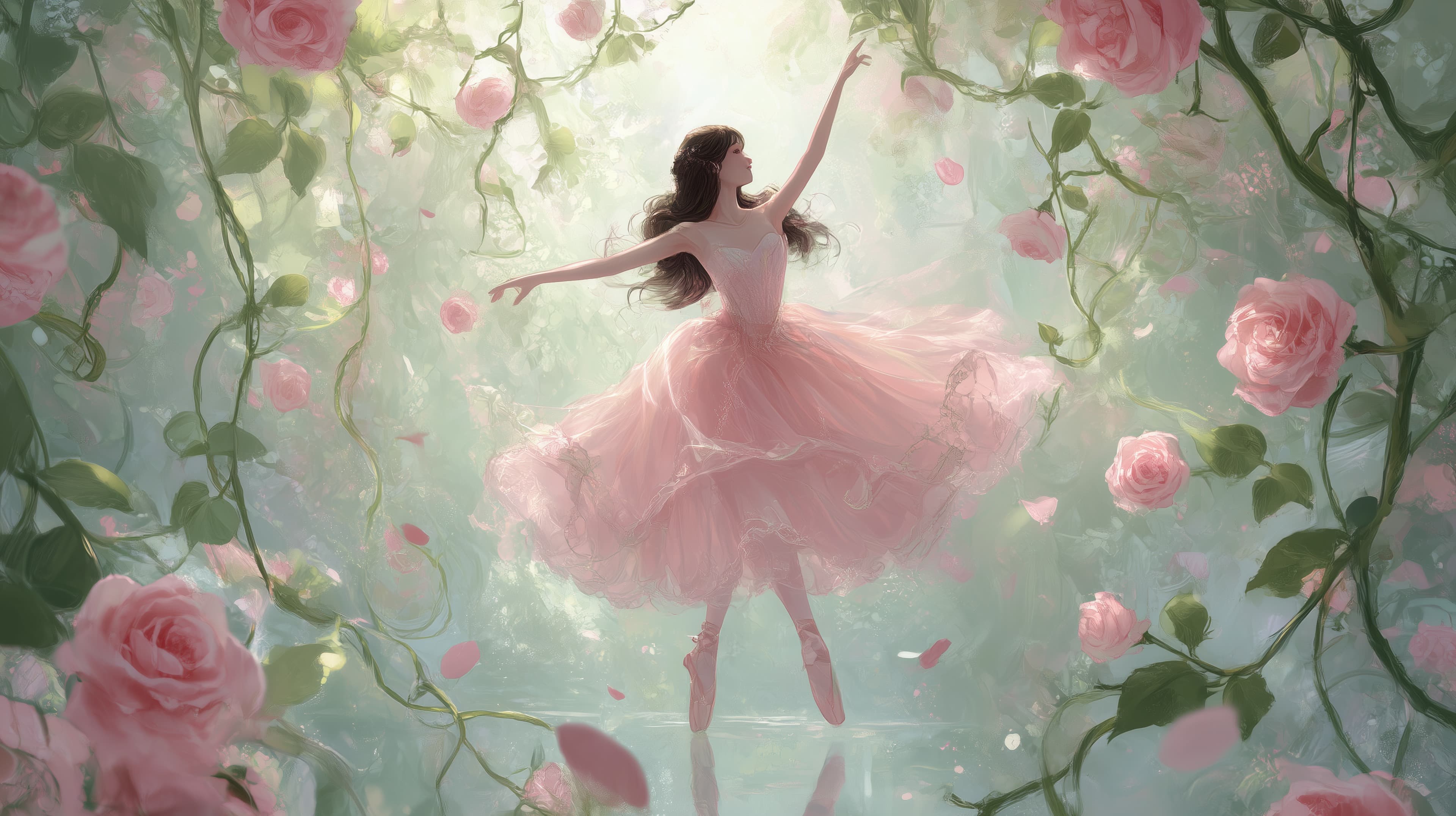 Dreamy Floral Fantasy: Pink Tutu Dancer Among Roses - High Resolution dancer-silhouette Wallpaper for Mobile and Desktop