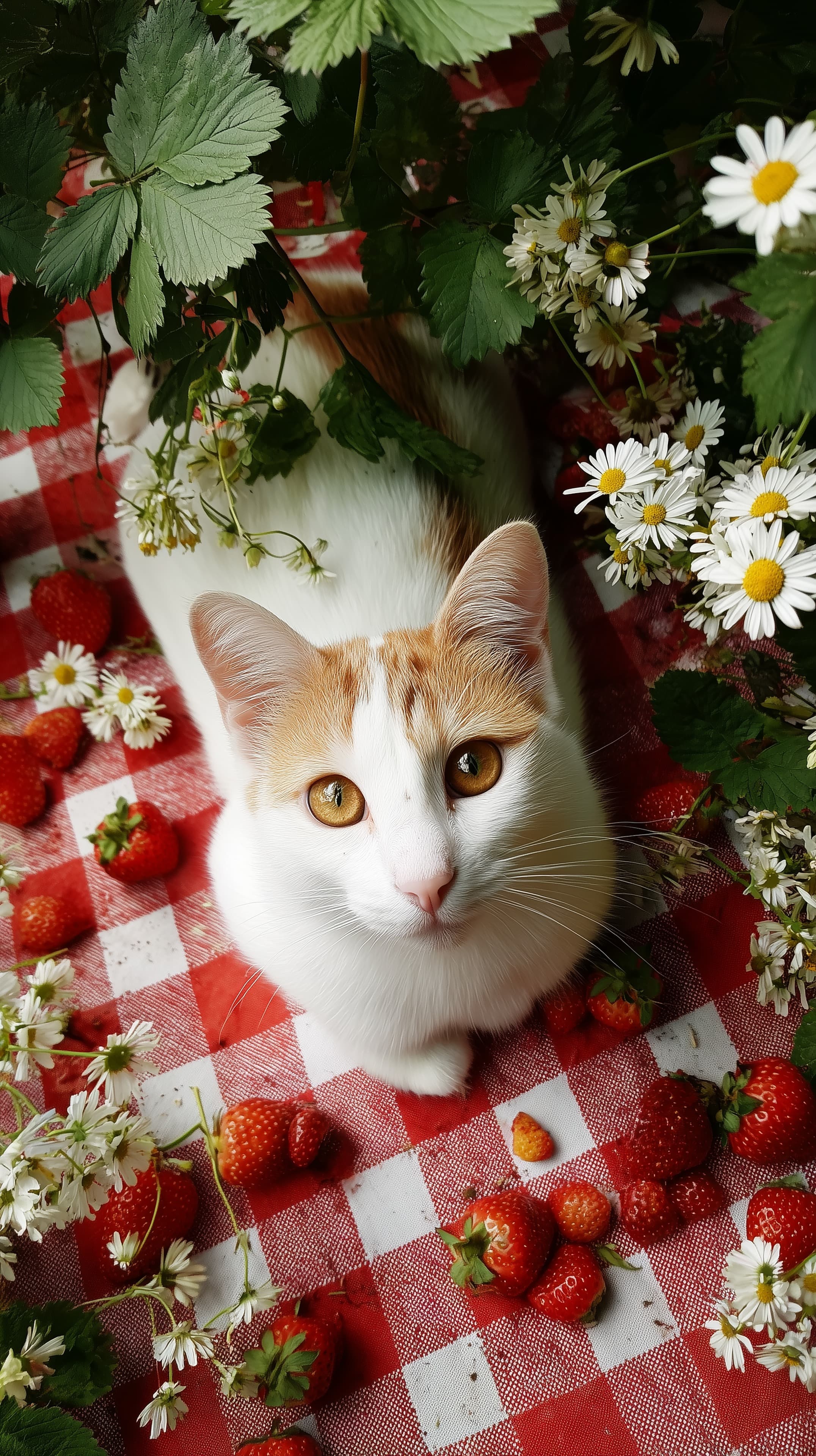 Adorable White and Ginger Cat on Red Checkered Picnic Blanket - High Resolution cat Wallpaper for Mobile and Desktop