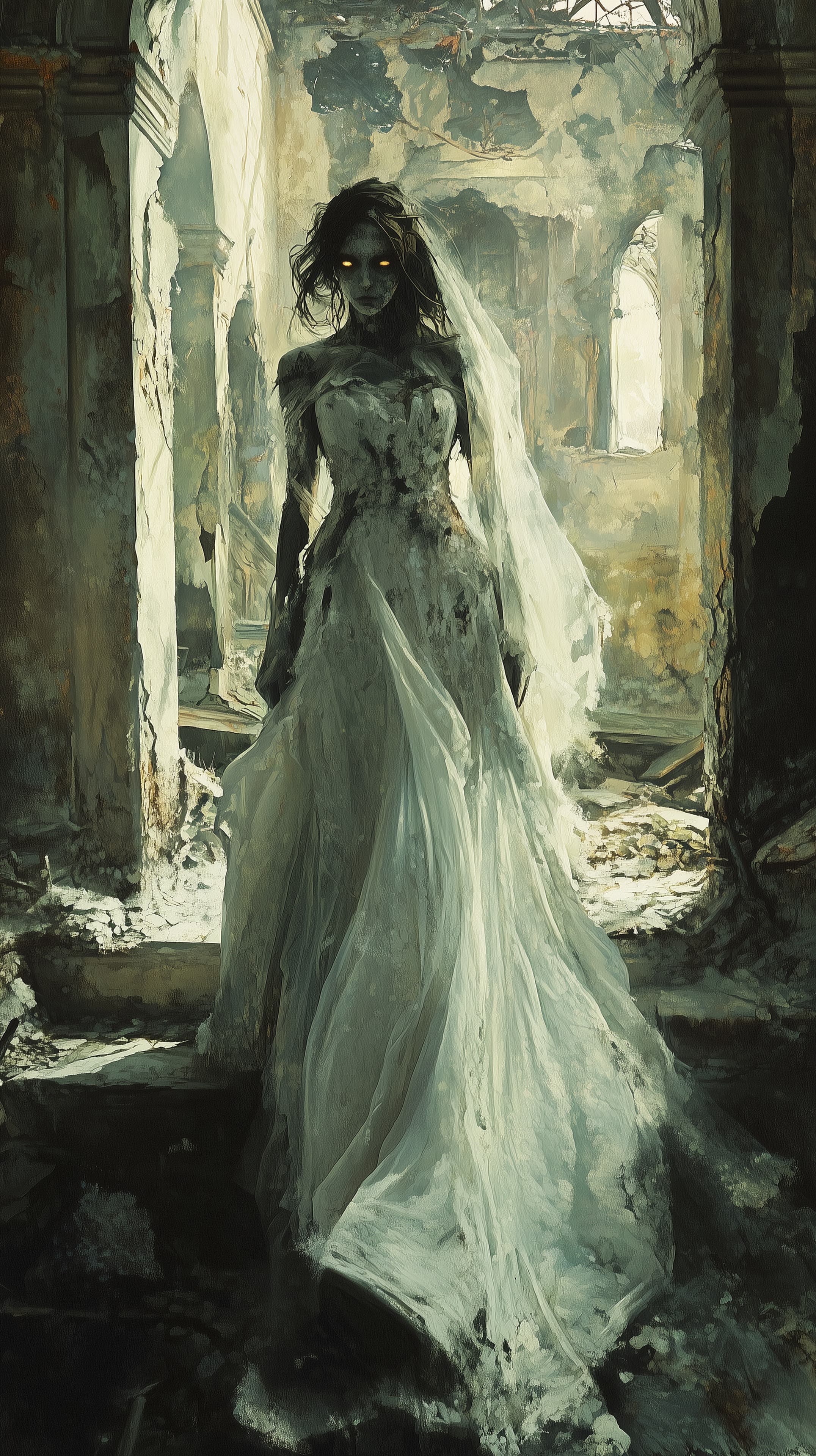 Haunted Bride in Ruined Hallway - Gothic Ghost Artwork - High Resolution bridal Wallpaper for Mobile and Desktop