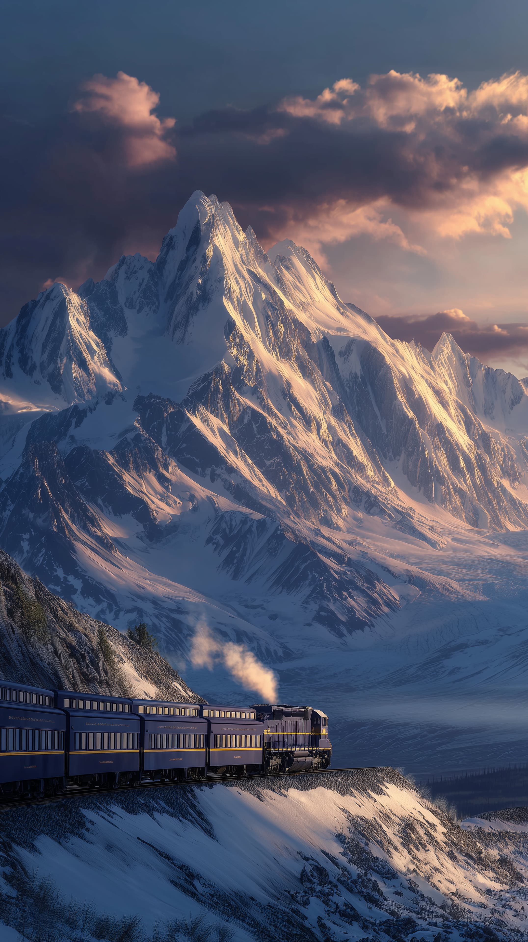 Epic Snowy Mountain Train at Sunset - Scenic Wallpaper - High Resolution alpine Wallpaper for Mobile and Desktop