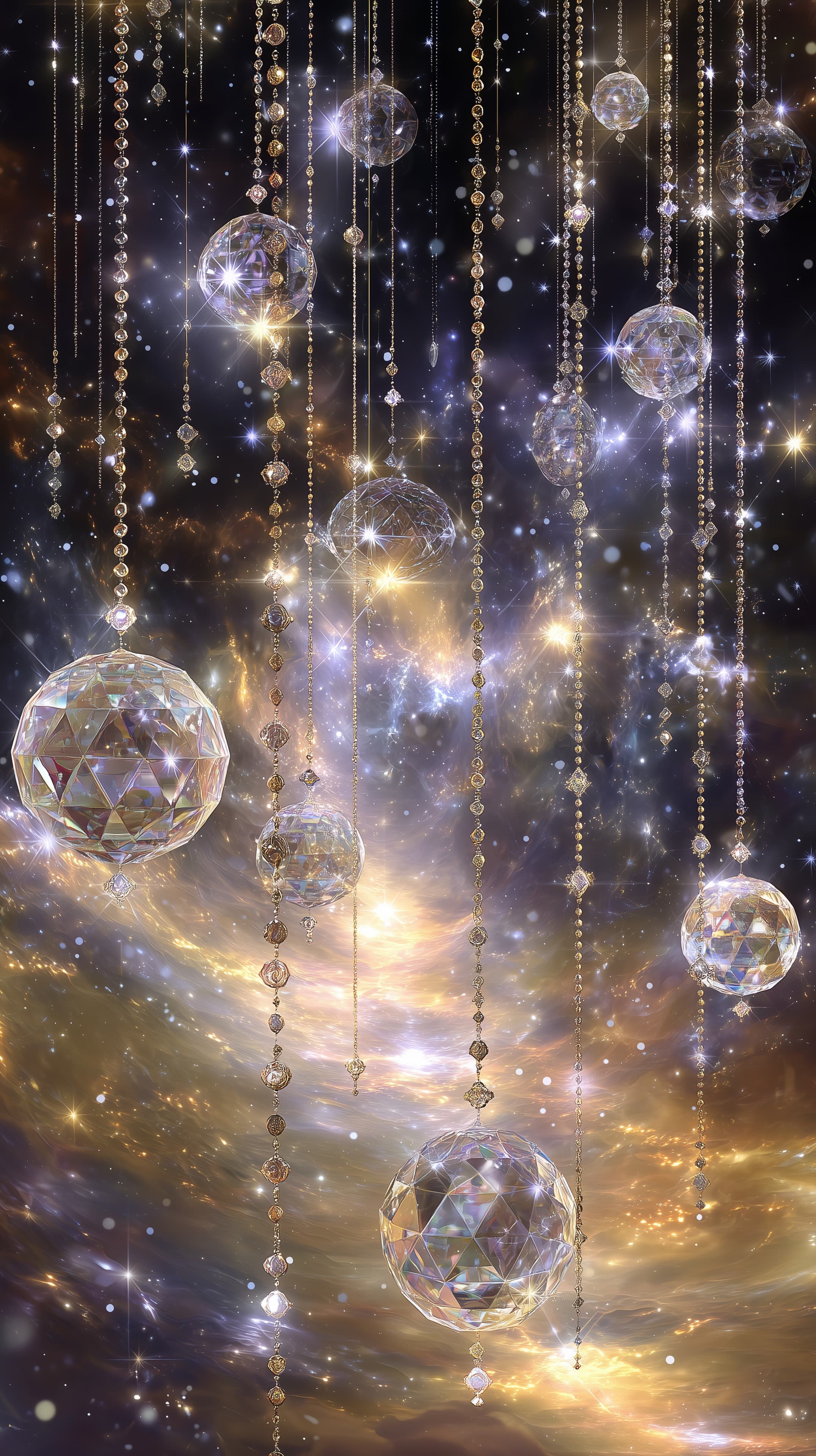 Hanging Crystal Orbs with Beaded Curtains in Cosmic Glow - High Resolution beaded-strings Wallpaper for Mobile and Desktop