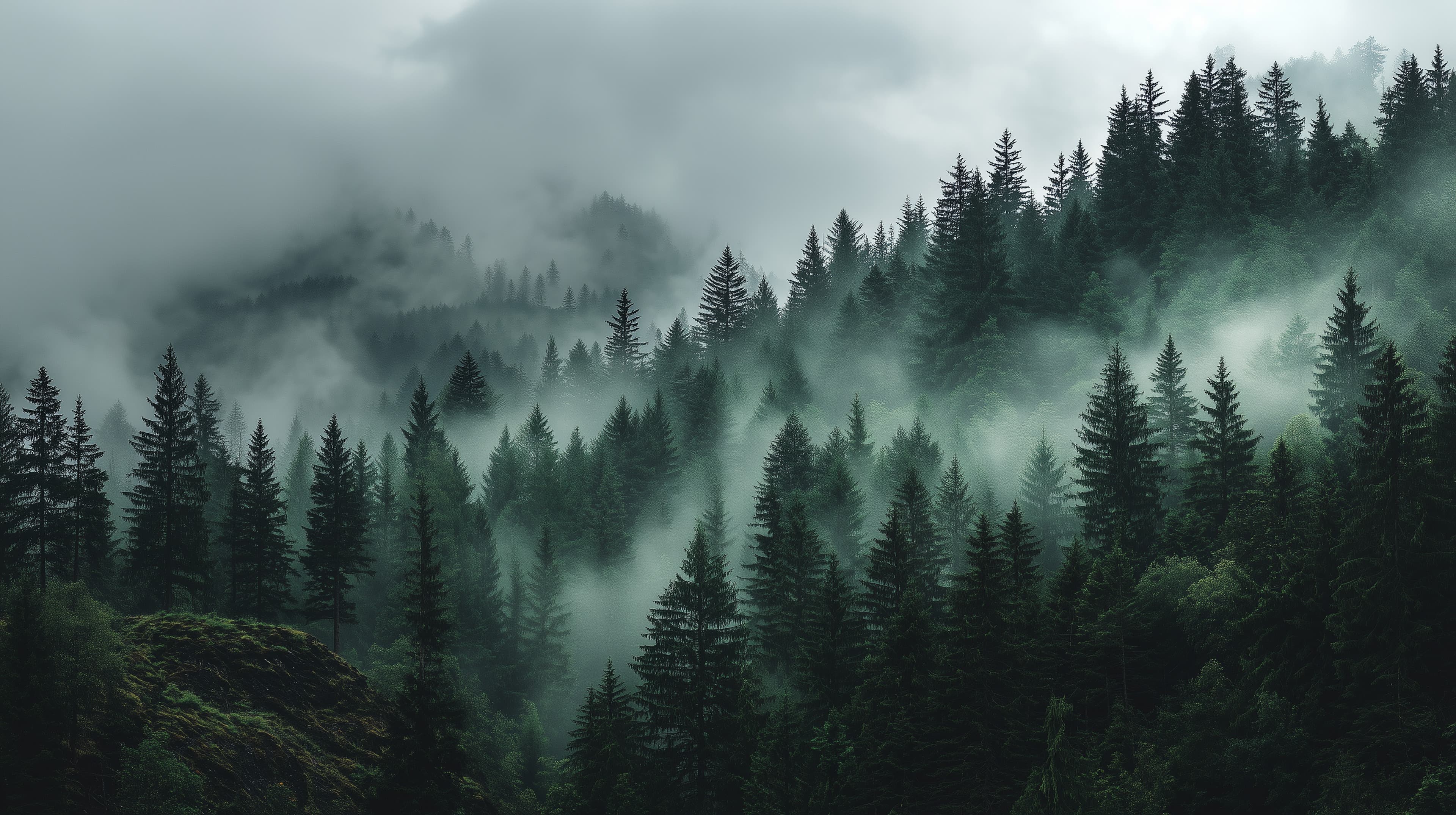 Mystic Forest Mist: Moody Evergreen Mountain Landscape - High Resolution forest Wallpaper for Mobile and Desktop