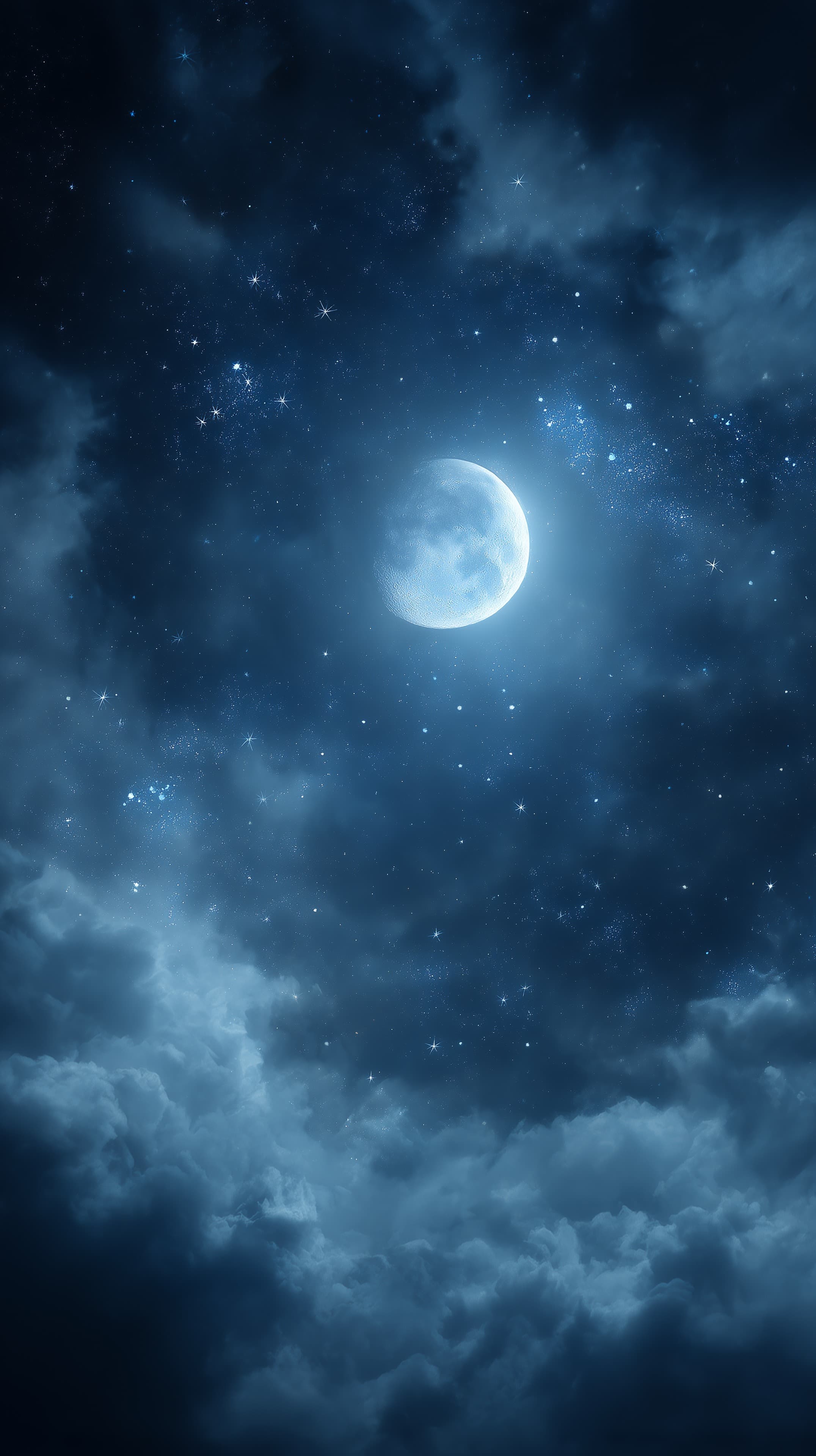 Moonlit Night Sky Wallpaper with Stars, Clouds and Soft Glow - High Resolution blue Wallpaper for Mobile and Desktop