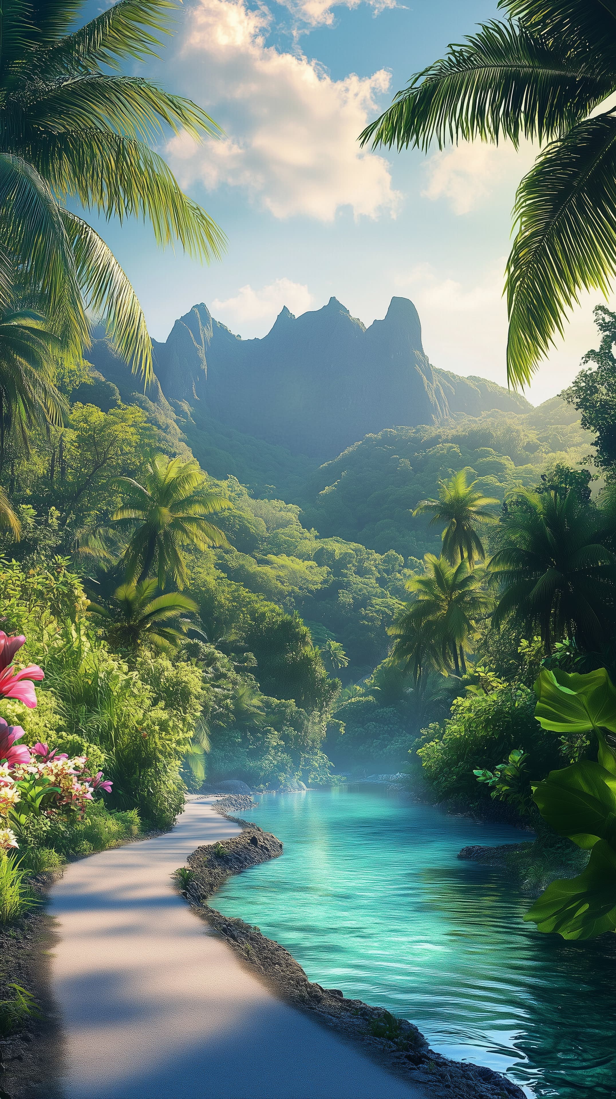 Tropical Jungle Oasis: Serene Riverfront Landscape - High Resolution foliage Wallpaper for Mobile and Desktop