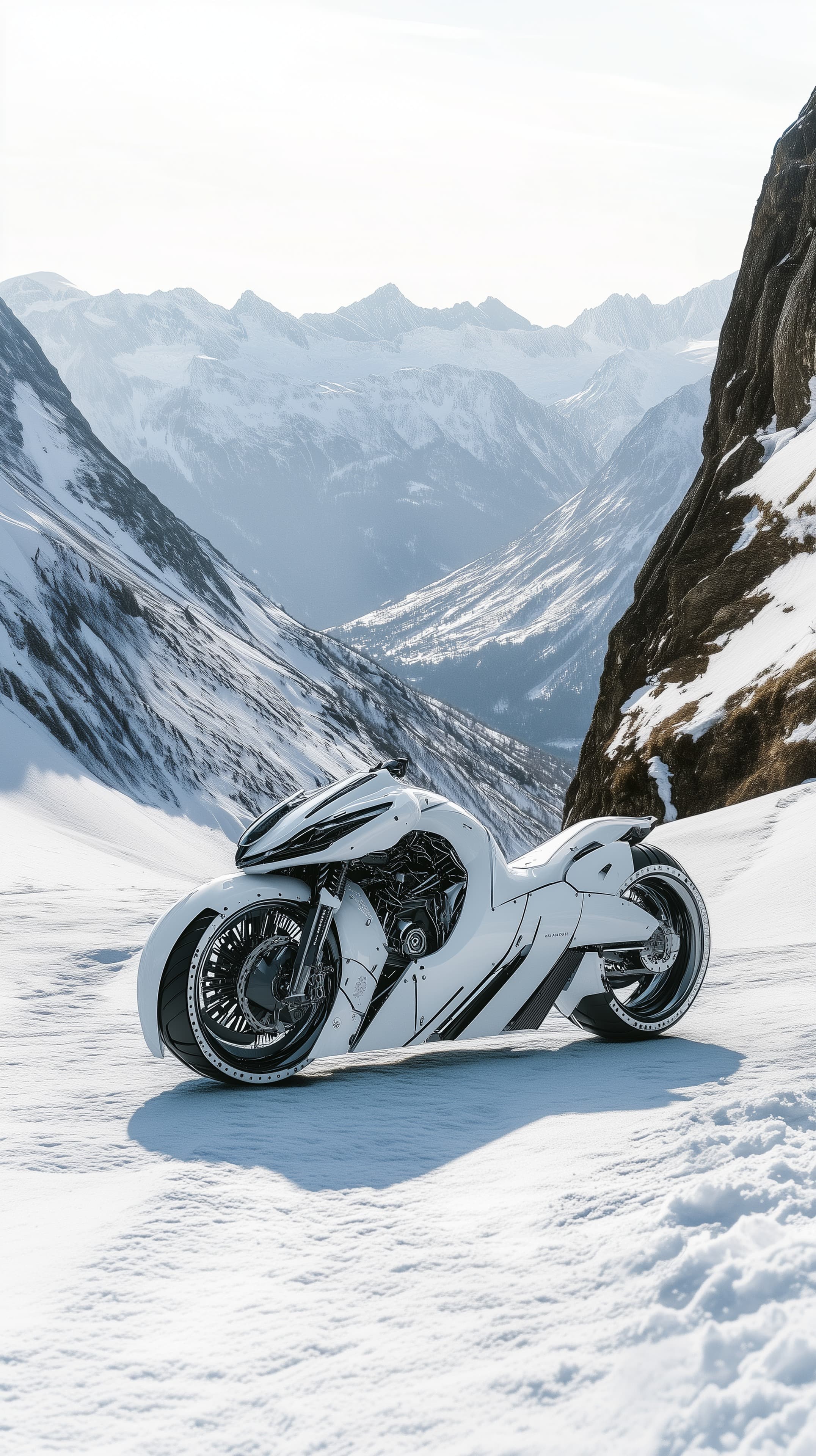 Futuristic White Sport Motorcycle in Snowy Alpine Valley - High Resolution alpine-landscape Wallpaper for Mobile and Desktop