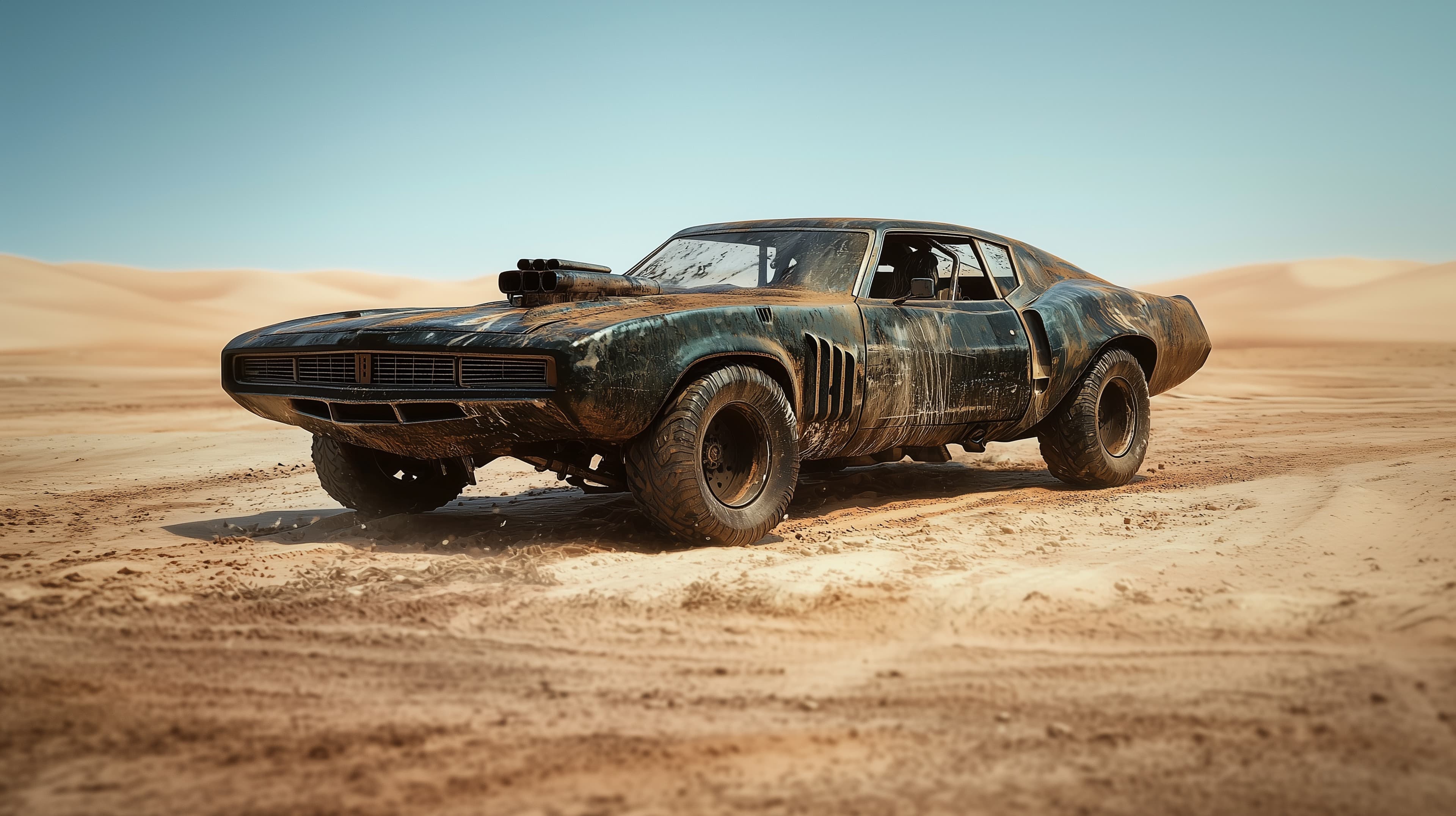 Desert Drift: Vintage Muscle Car in Dune Sandscape - High Resolution blue-sky Wallpaper for Mobile and Desktop
