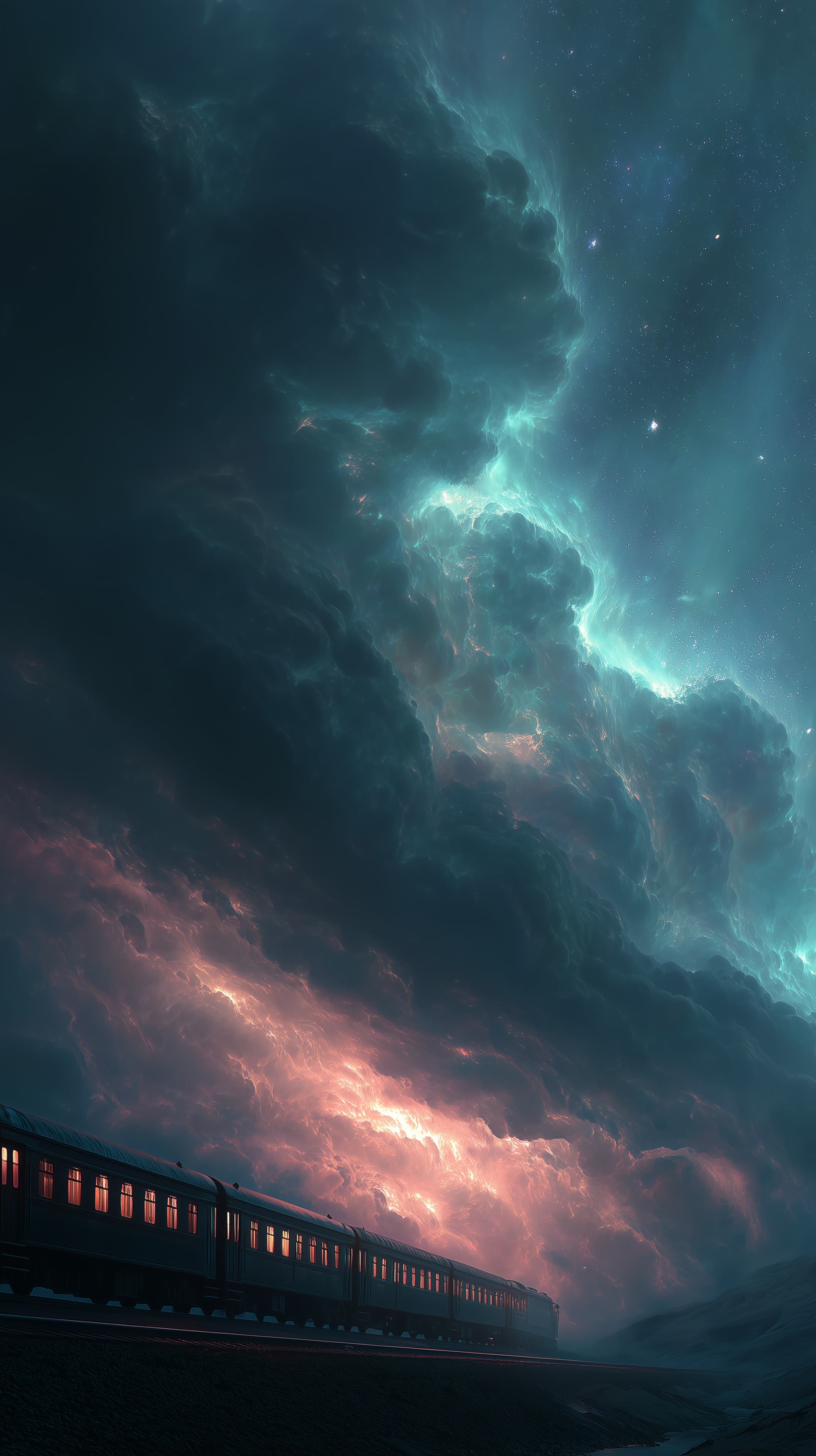 Epic Night Sky Over a Train: Cosmic Clouds in Aurora Hues - High Resolution aurora Wallpaper for Mobile and Desktop