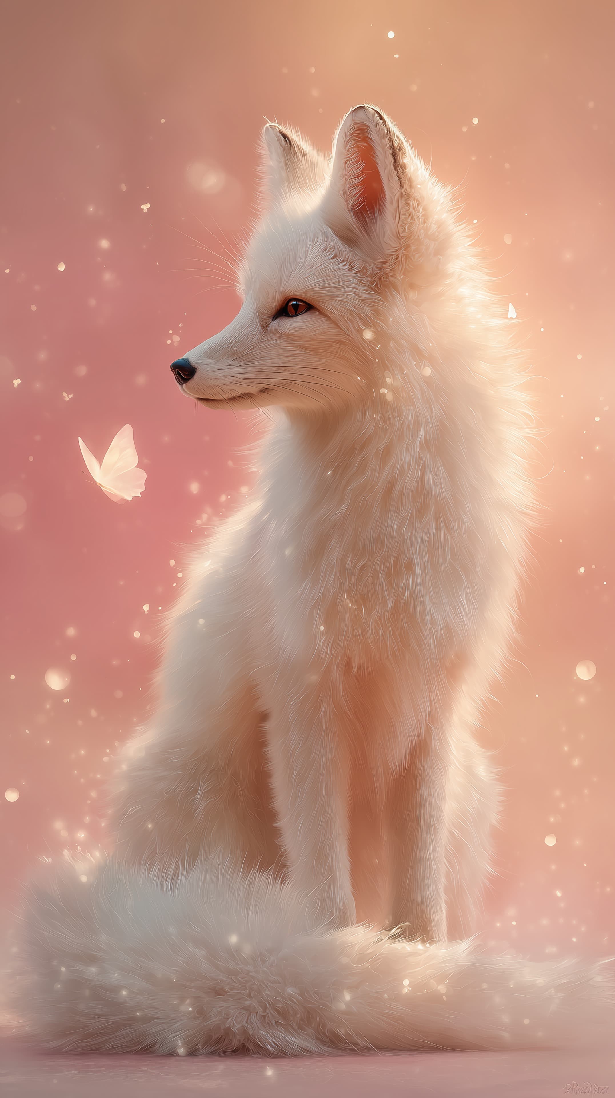 Whimsical White Fox in Soft Pink Sunset — Dreamy Wallpaper - High Resolution bokeh-lights Wallpaper for Mobile and Desktop