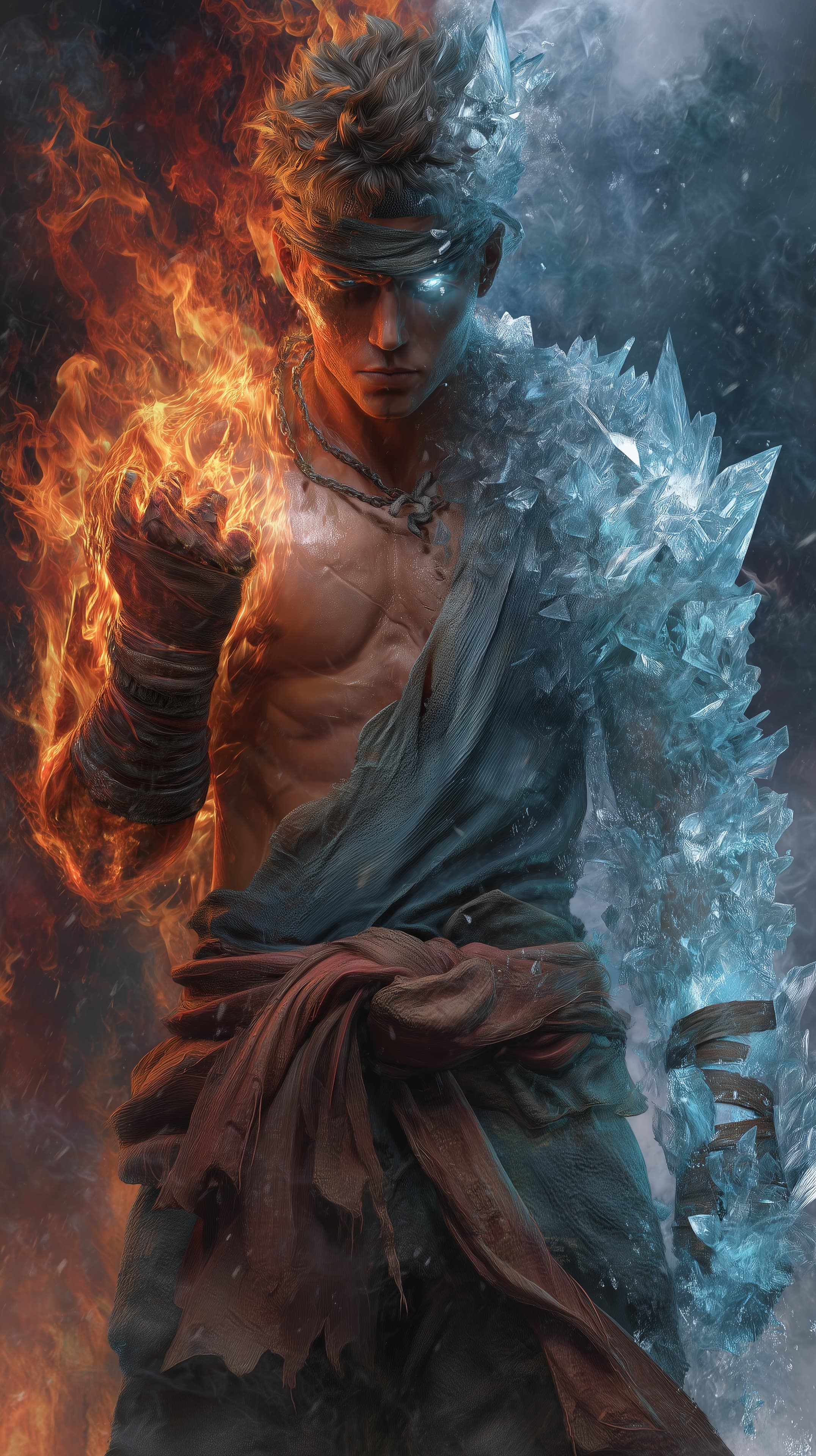 Elemental Warrior: Fire and Ice Portrait Wallpaper - High Resolution elemental Wallpaper for Mobile and Desktop
