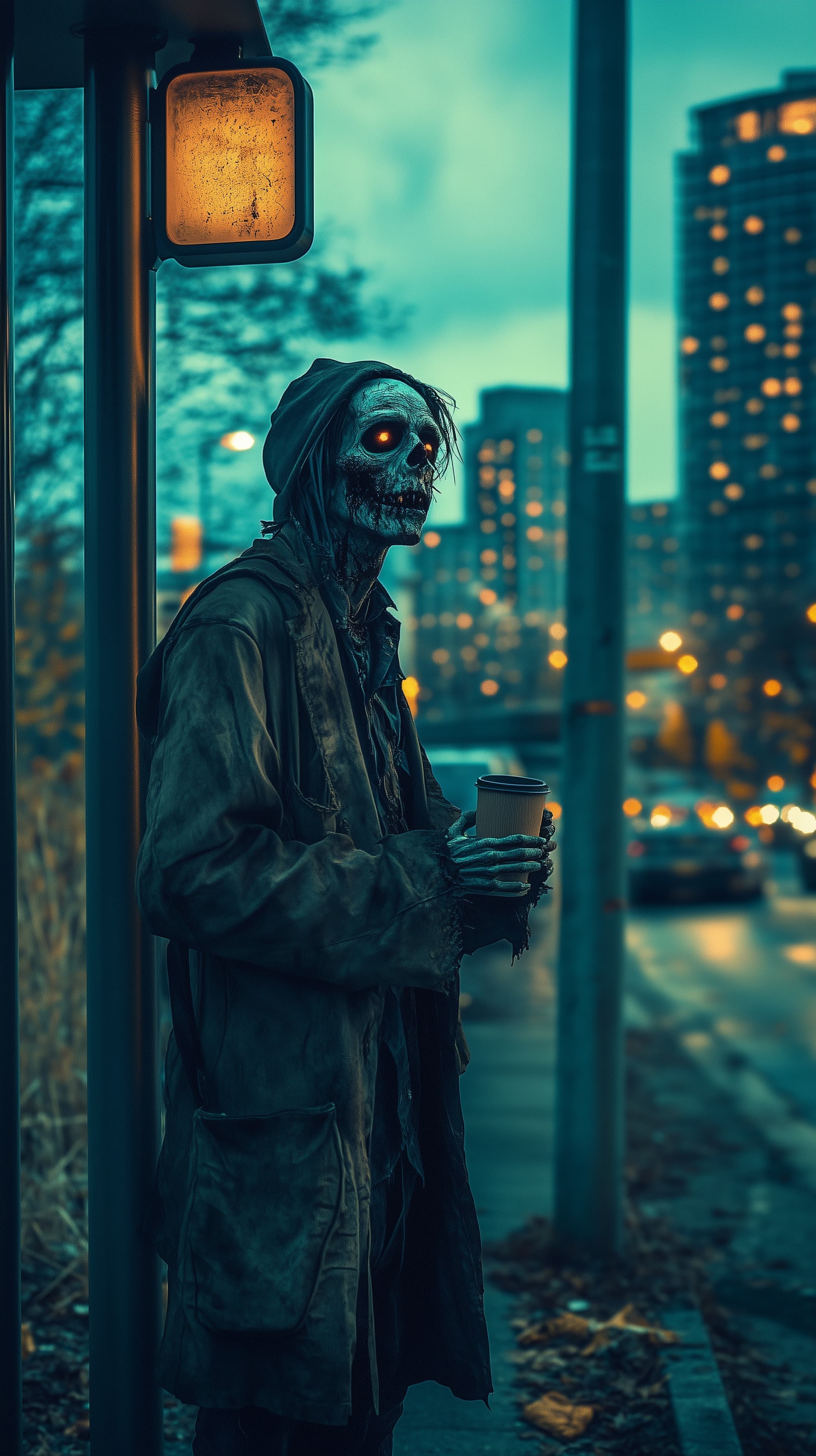Haunting City Night Zombie at Bus Stop Dark Urban Silhouette - High Resolution city Wallpaper for Mobile and Desktop