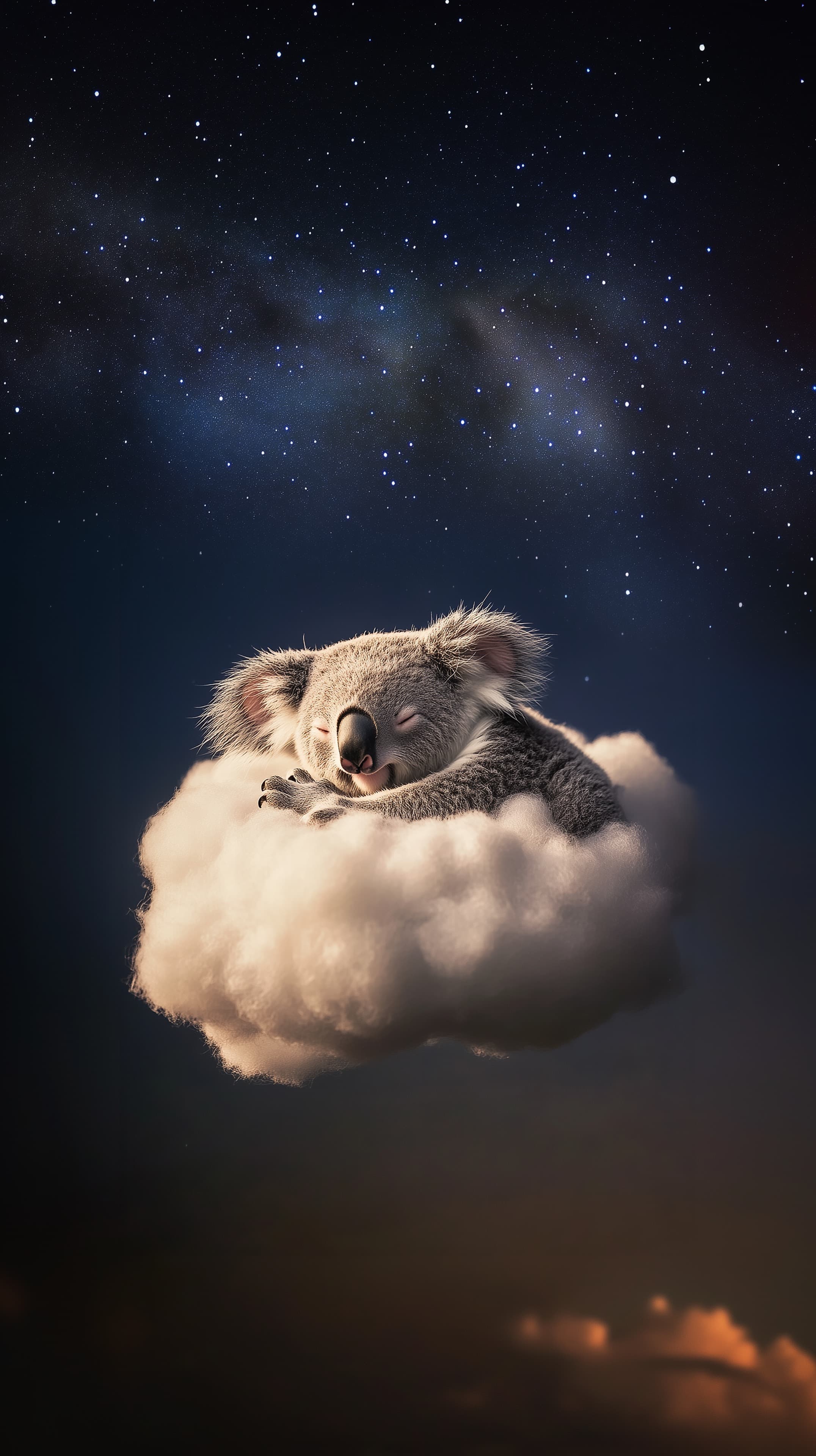 Dreamy Koala on a Cloud Under a Starry Night Sky - Sleeping Peacefully - High Resolution cloud Wallpaper for Mobile and Desktop