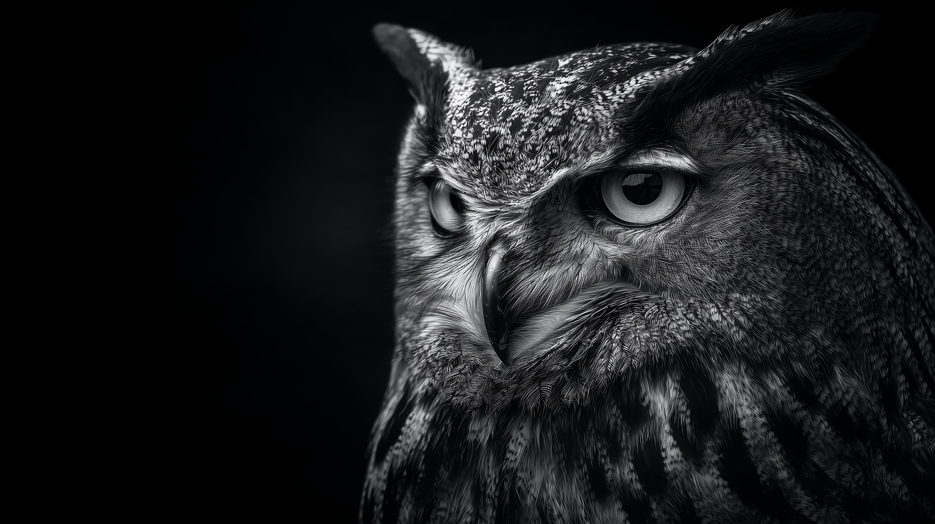 Monochrome Owl Portrait: Dramatic Close-Up in Black and White - High Resolution owl-portrait Wallpaper for Mobile and Desktop
