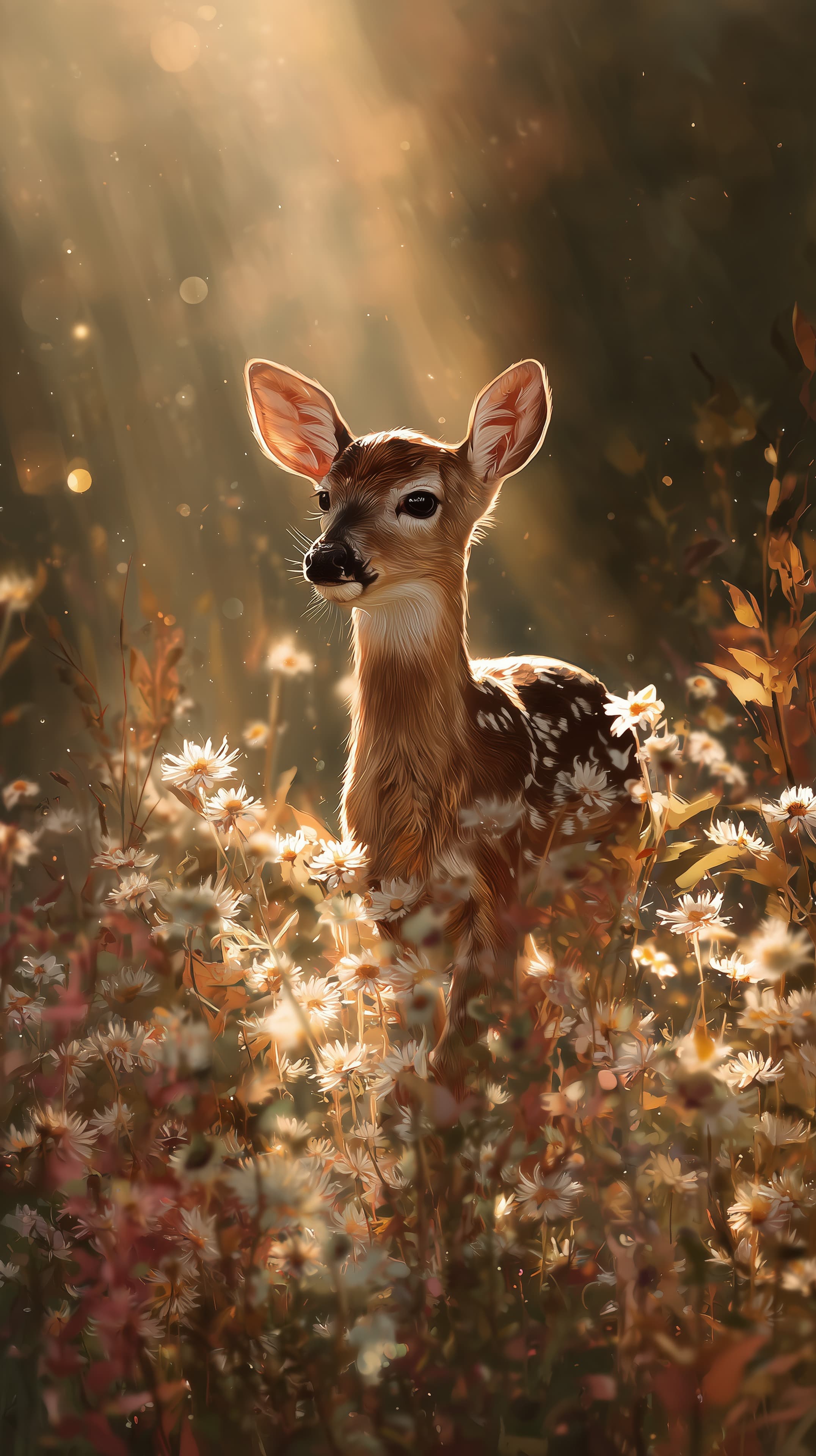 Sunlit Fawn among Wildflowers: Serene Forest Wallpaper - High Resolution autumn-tones Wallpaper for Mobile and Desktop