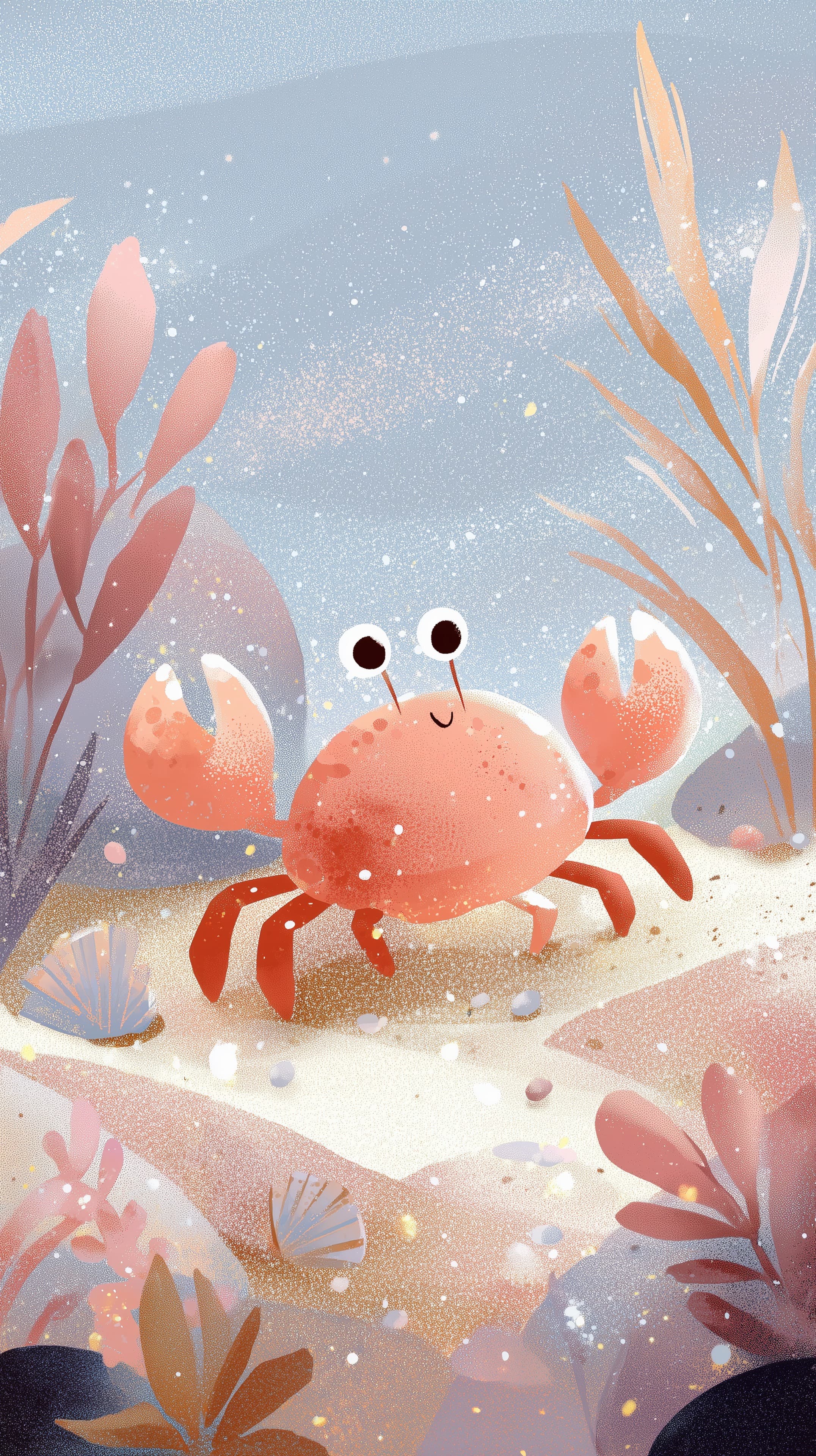 Pastel Cartoon Crab Wallpaper: Soothing Underwater Scene - High Resolution beach-decor Wallpaper for Mobile and Desktop