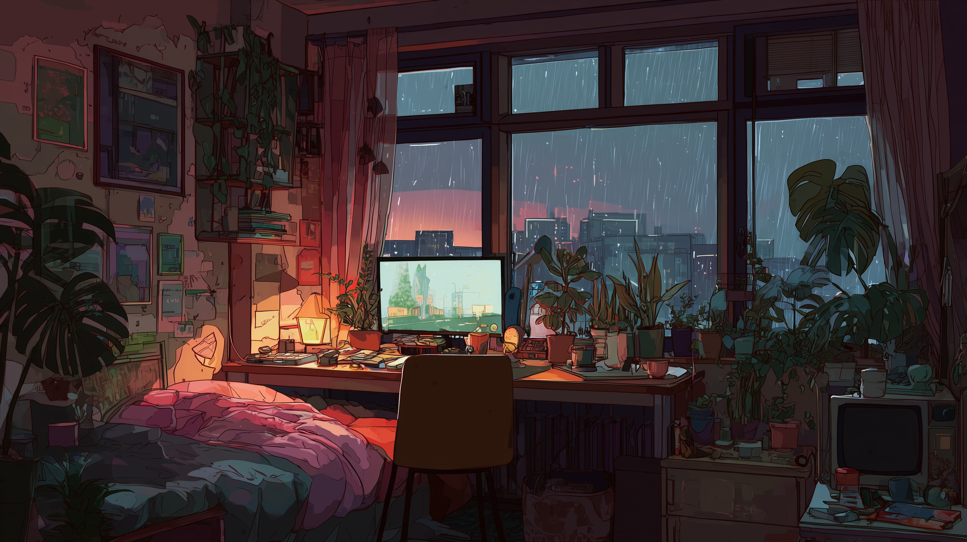 Cozy rainy-night study room wallpaper with plants and desk glow - High Resolution bedroom-wallpaper Wallpaper for Mobile and Desktop