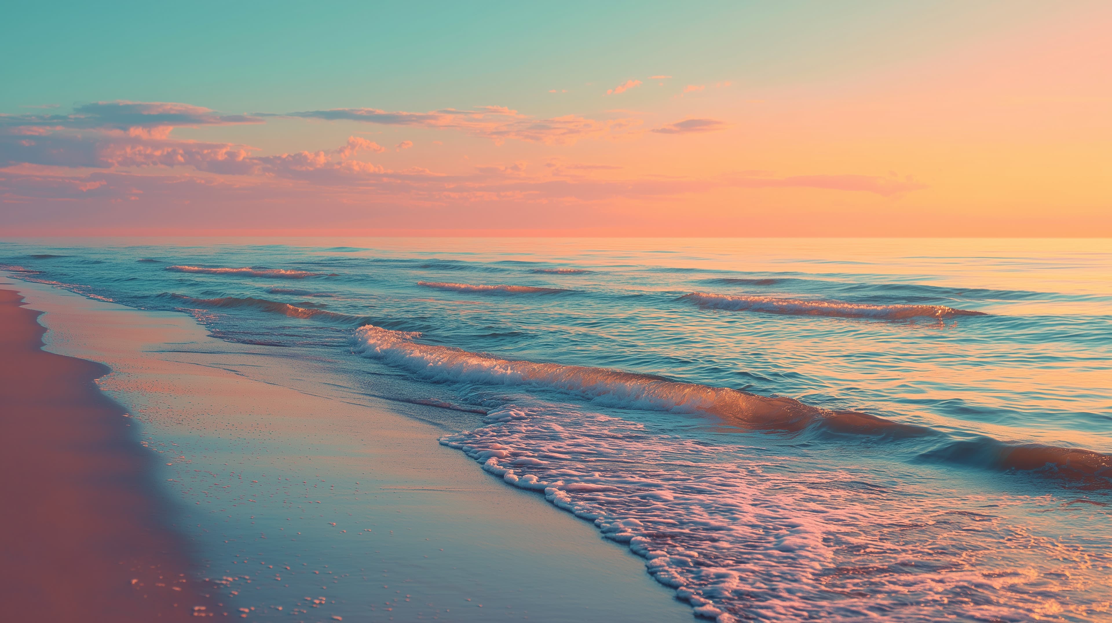 Pastel Sunset Seascape: Calm Waves on a Sandy Shore - High Resolution beach Wallpaper for Mobile and Desktop