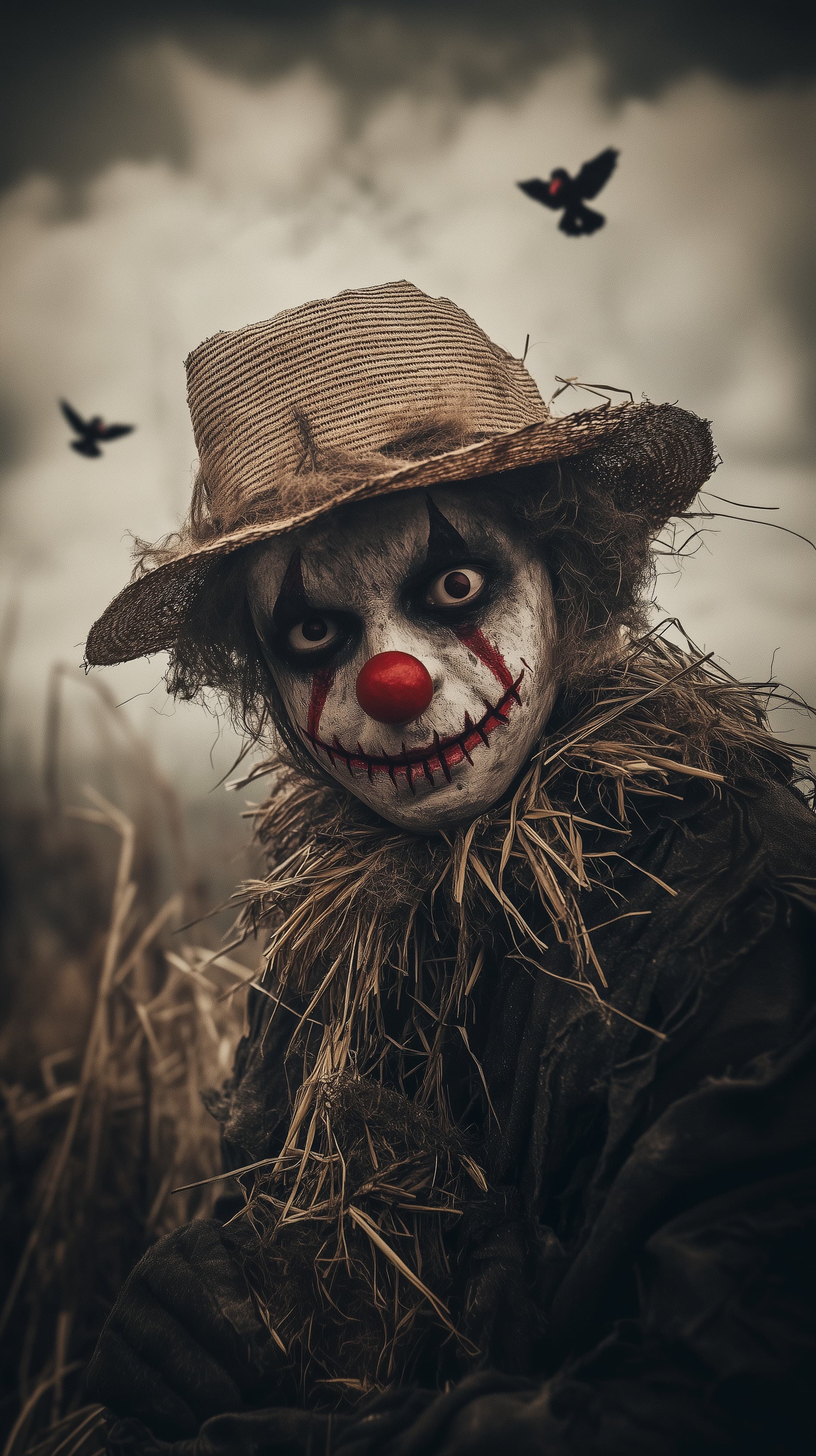 Creepy Clown Scarecrow in Foggy Field - Halloween Wallpaper - High Resolution clown Wallpaper for Mobile and Desktop