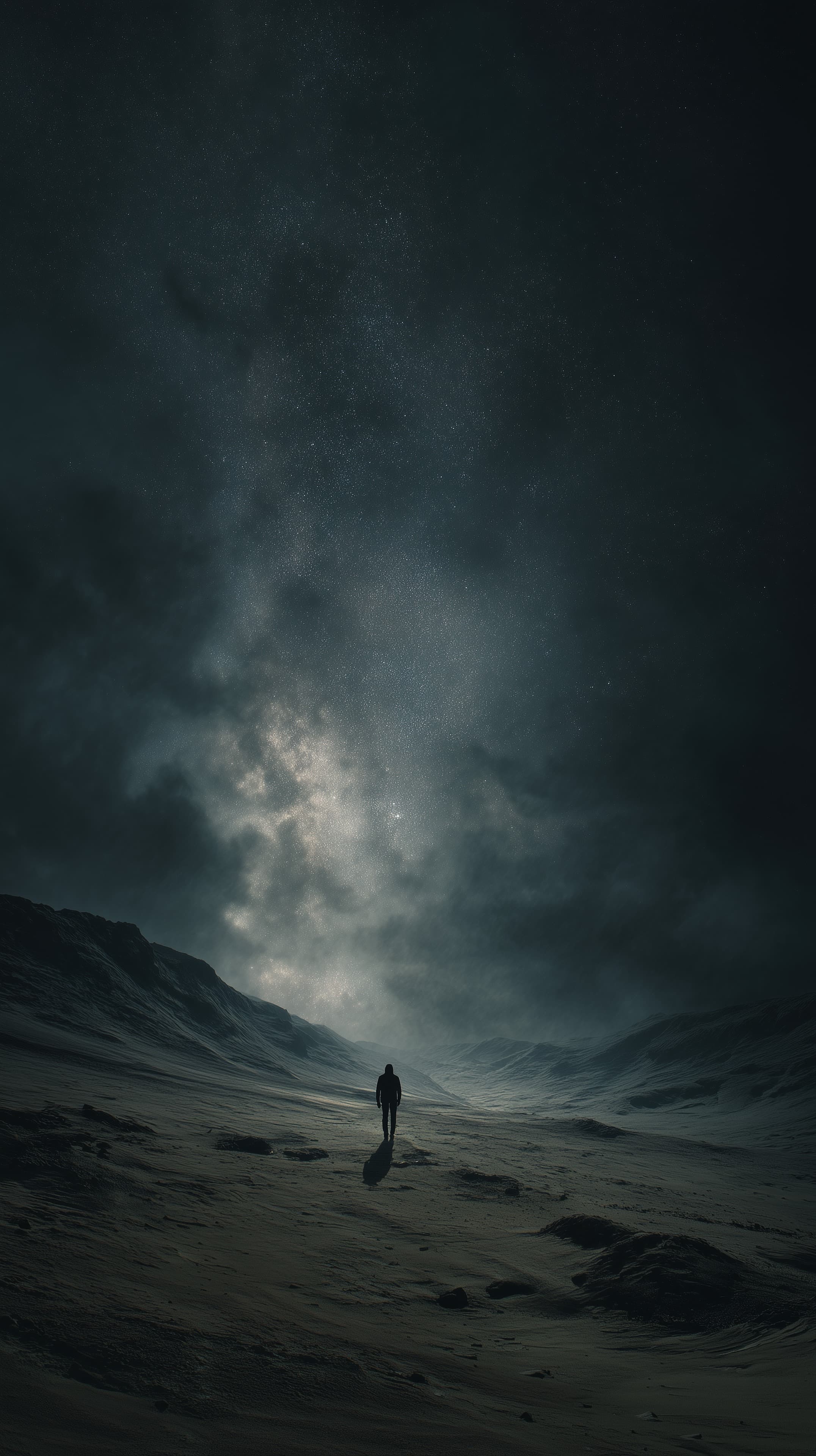 Solitary Explorer Beneath a Starry Night Desert Sky - High Resolution night-sky Wallpaper for Mobile and Desktop