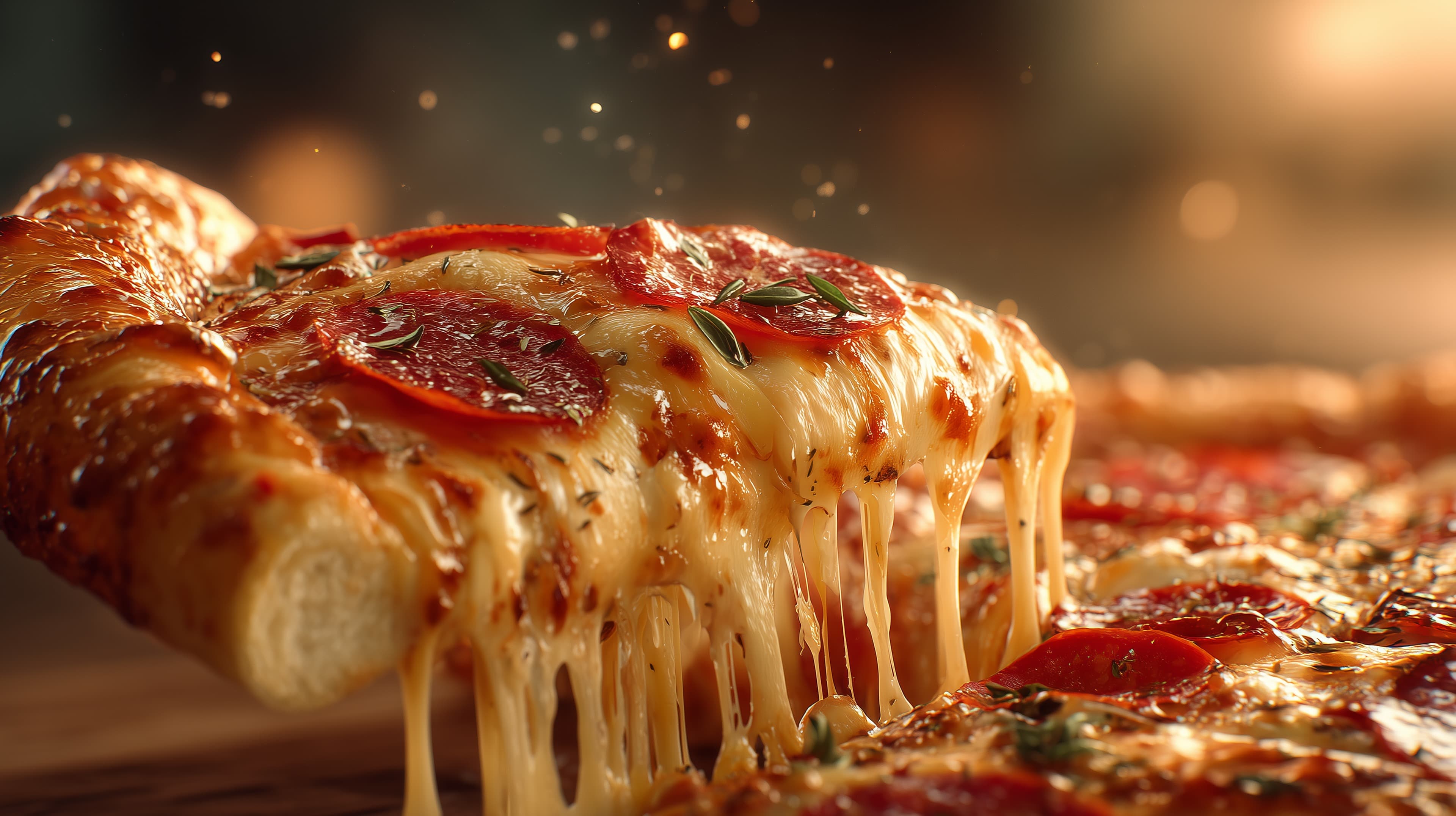 Melted Cheese Pizza Slice with Pepperoni on Wooden Board - High Resolution pizza Wallpaper for Mobile and Desktop