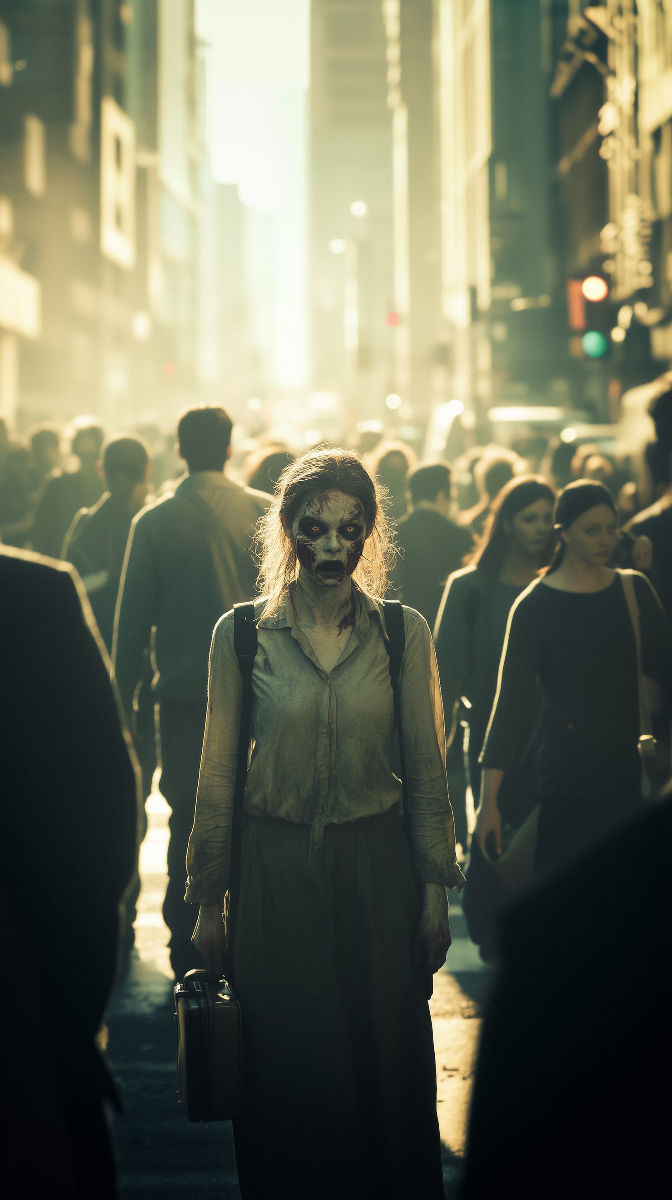 Eerie City Street Zombie: Suspenseful Backlit Silhouette - High Resolution backlit Wallpaper for Mobile and Desktop
