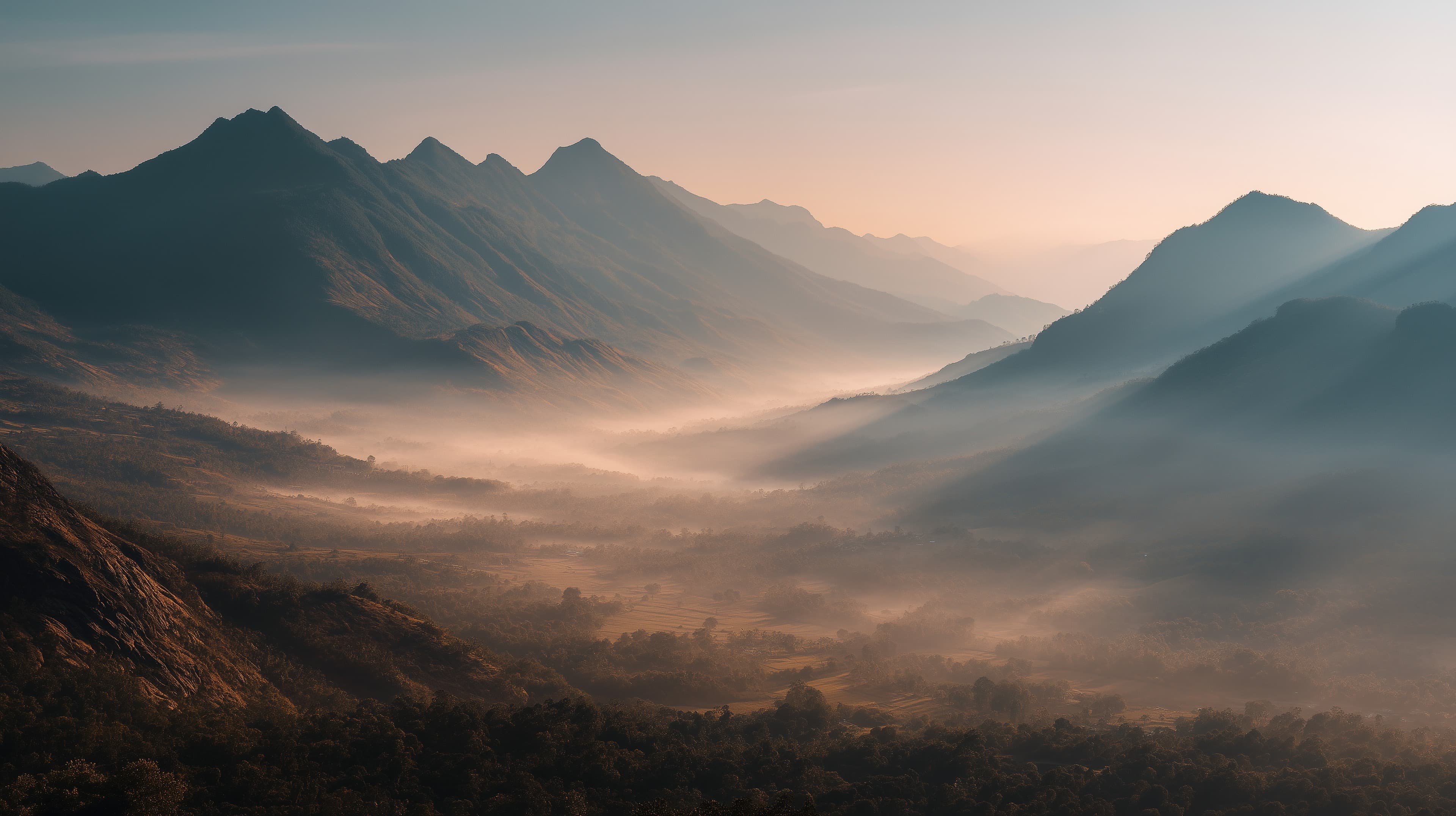 Serene Mountain Valley at Sunrise with Soft Mist and Golden Light - High Resolution aerial Wallpaper for Mobile and Desktop