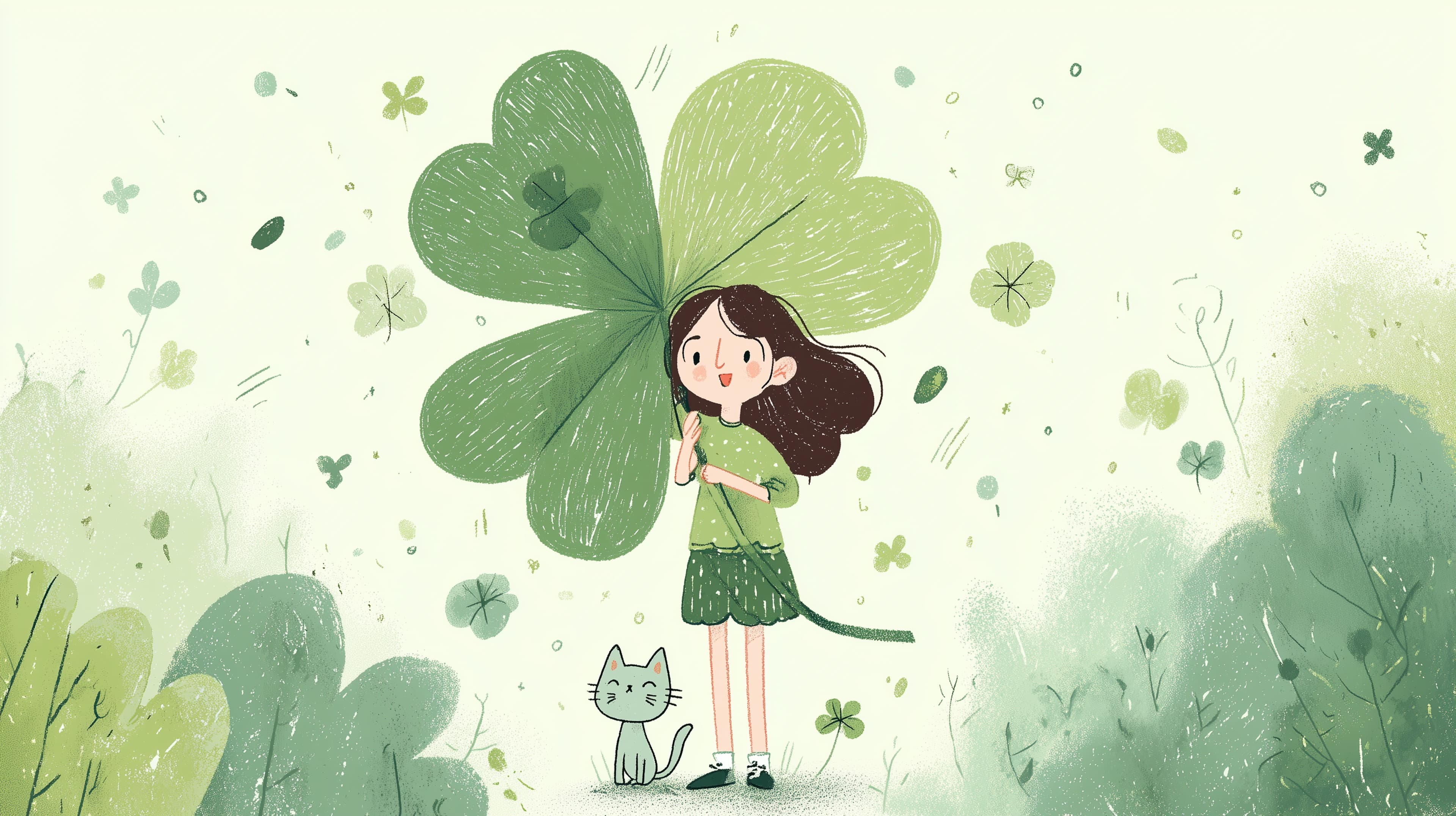 Whimsical Clover Life: Girl with Giant Leaf Wallpaper - High Resolution cat Wallpaper for Mobile and Desktop