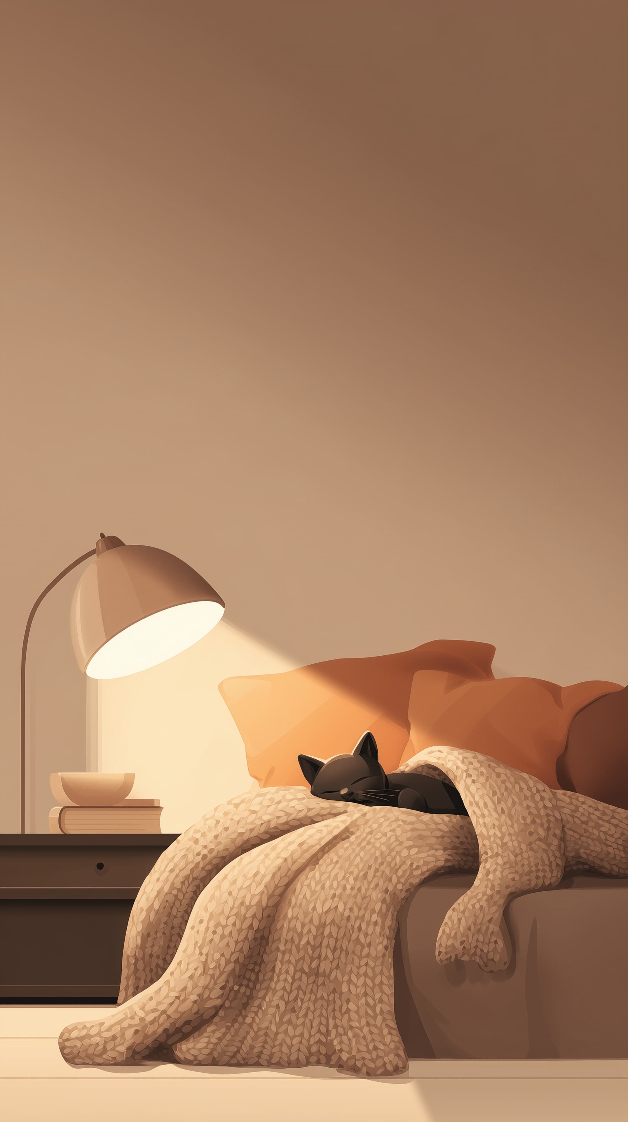 Cozy Warm Cat Napping Under Knitted Blanket – Bedroom Scene - High Resolution bedroom-art Wallpaper for Mobile and Desktop