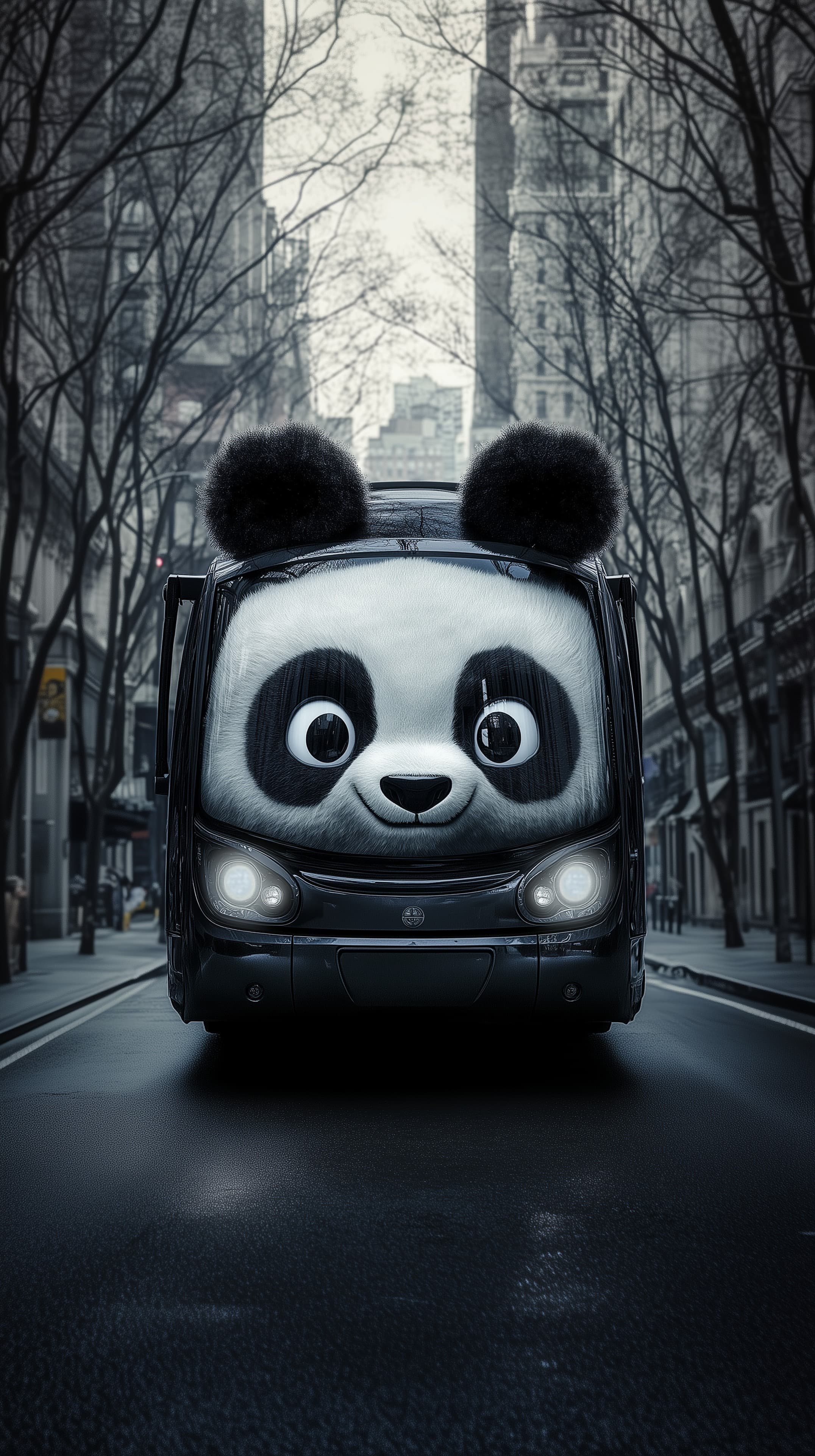 Adorable Panda Bus in City Street Monochrome Wallpaper - High Resolution bus Wallpaper for Mobile and Desktop