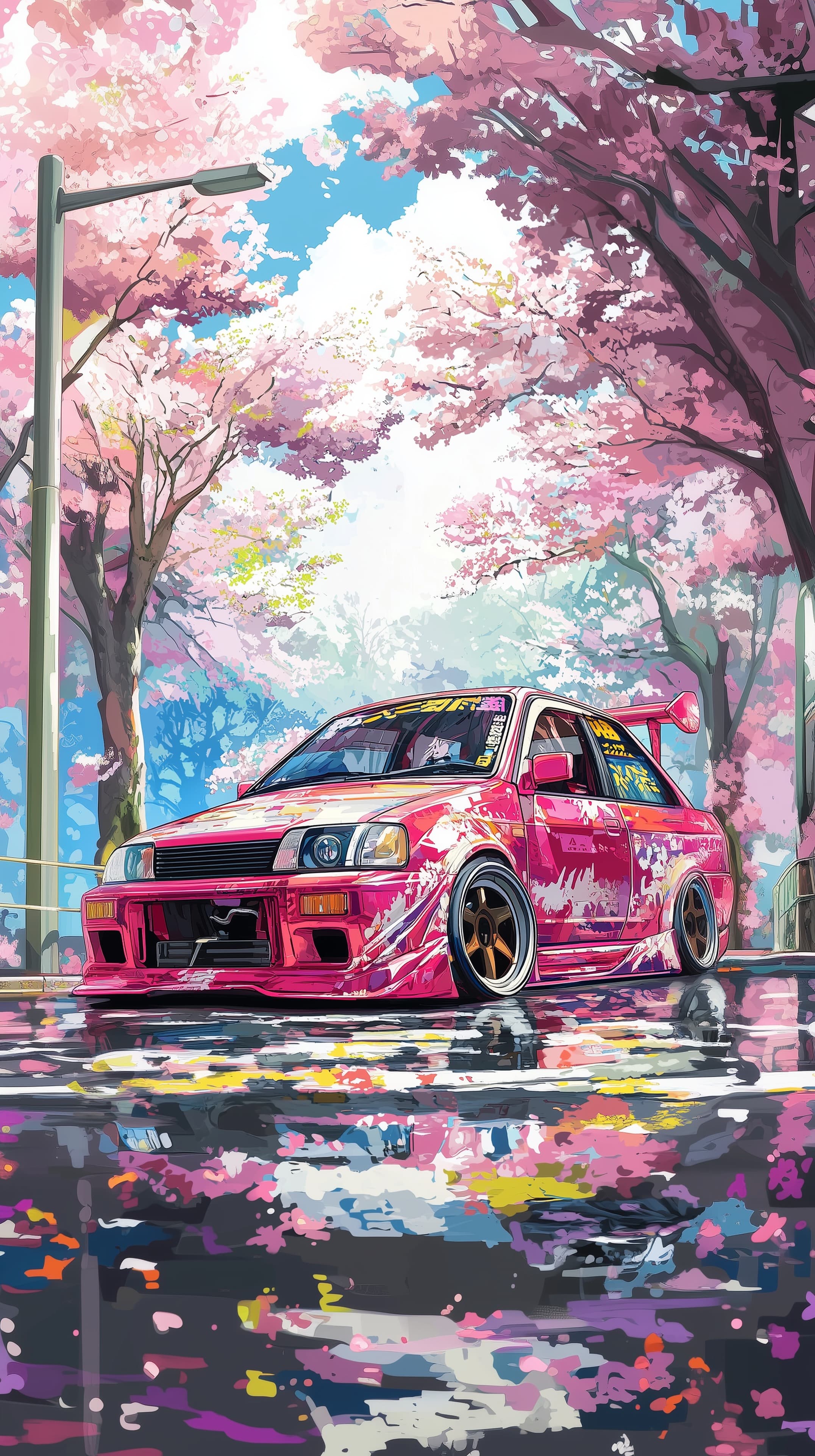 Vibrant Pink Car Under Cherry Blossom Street in Dreamy Anime Art - High Resolution anime-style-art Wallpaper for Mobile and Desktop