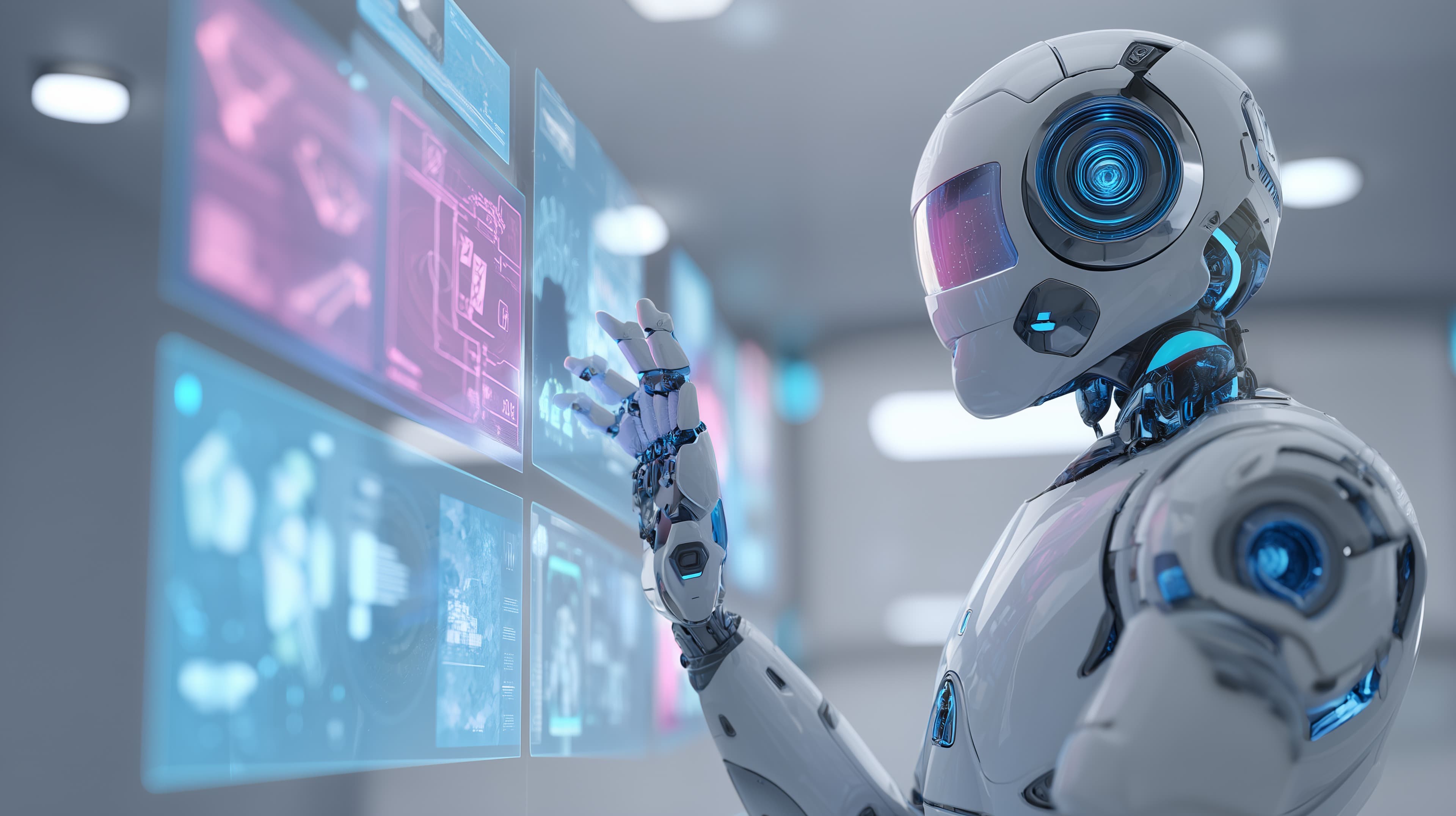 Futuristic Android Interacting with Neon Holographic Screens - High Resolution android Wallpaper for Mobile and Desktop