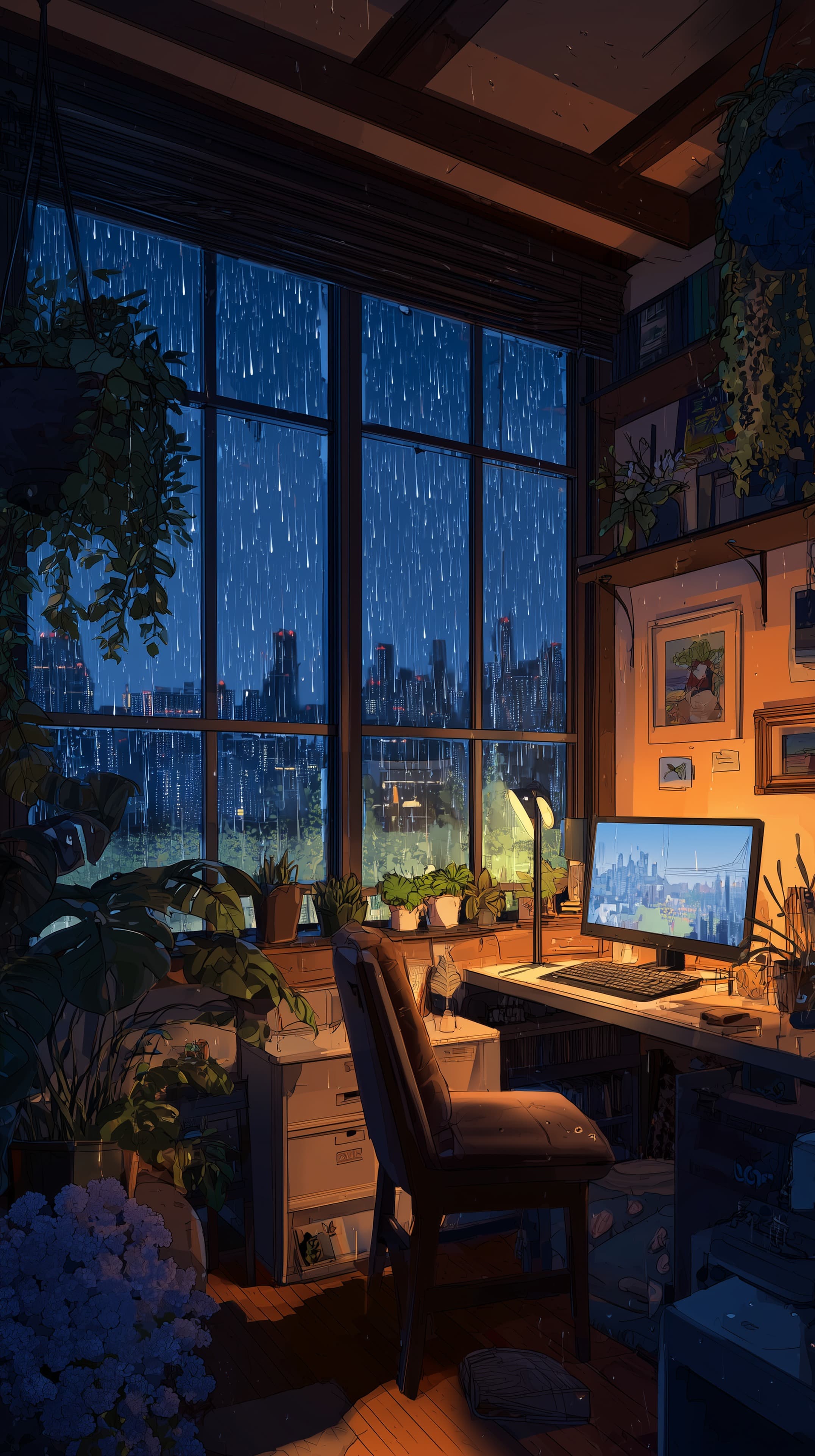 Cozy Night Office by Rainy City Window with Lush Plants - High Resolution city-skyline Wallpaper for Mobile and Desktop