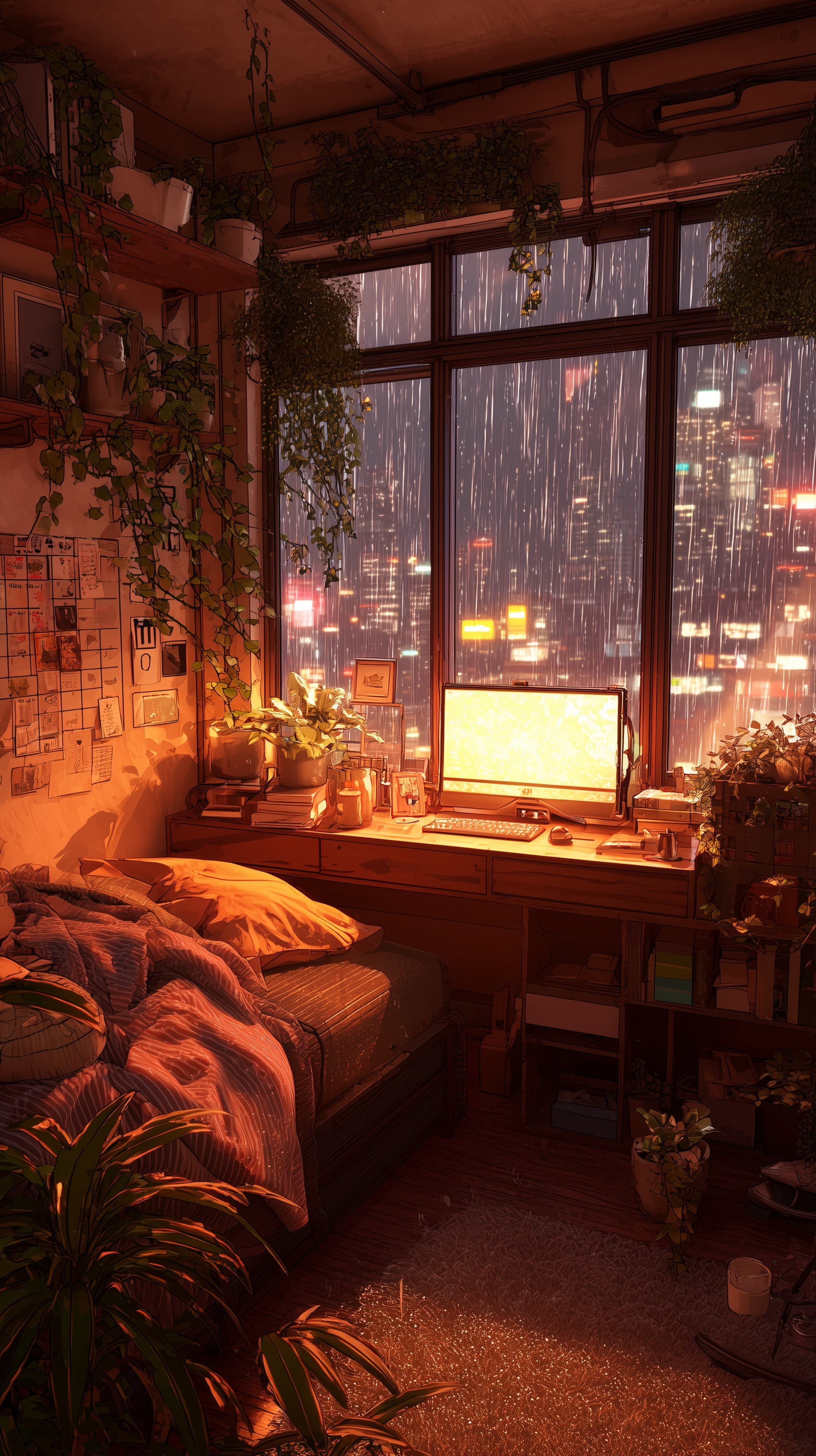 Cozy Rainy Night Bedroom with Plants and City Light Glow - High Resolution ambient Wallpaper for Mobile and Desktop