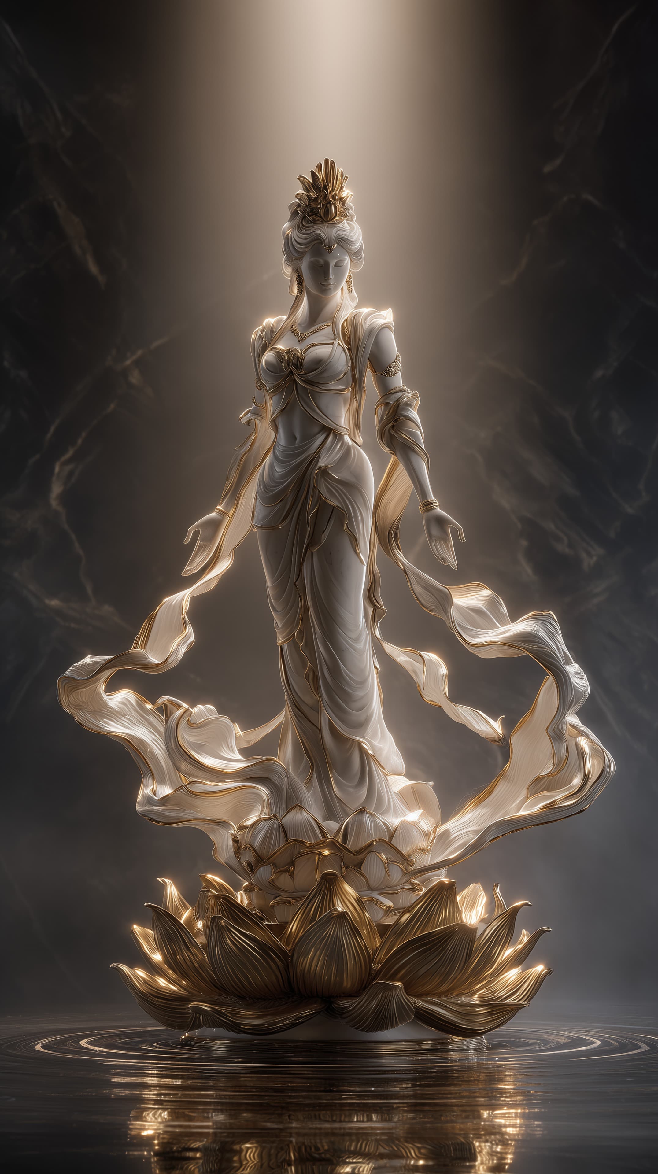 Ethereal Goddess Statue on Golden Lotus - Fantasy Wallpaper - High Resolution 3d-render Wallpaper for Mobile and Desktop