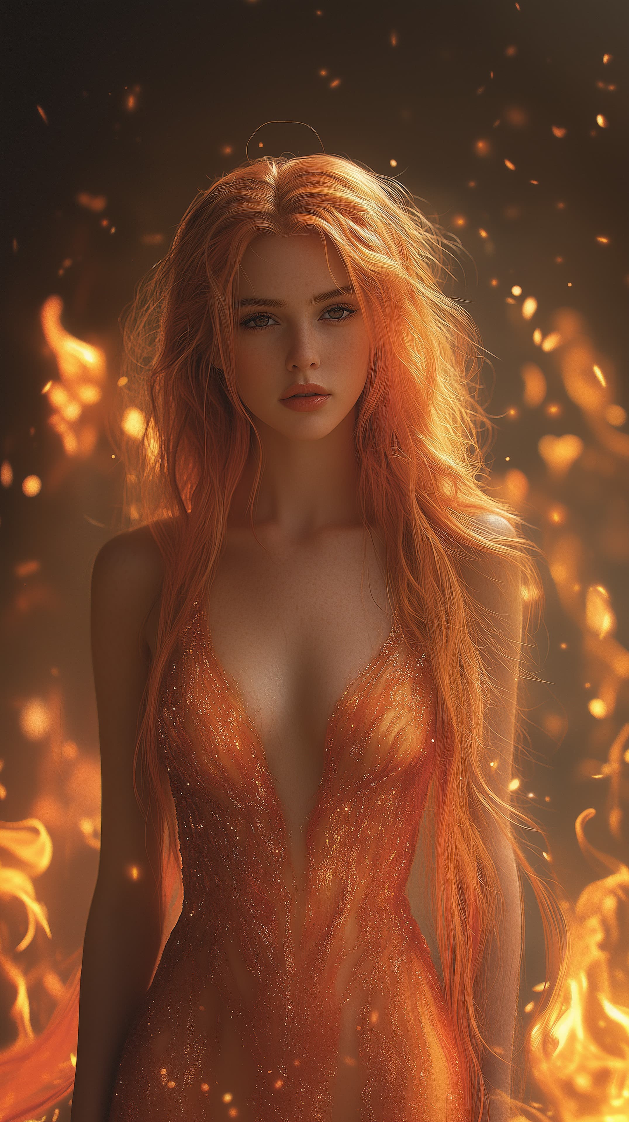 Fiery Redhead Fantasy Portrait in Glowing Ember Light - High Resolution digital-art Wallpaper for Mobile and Desktop