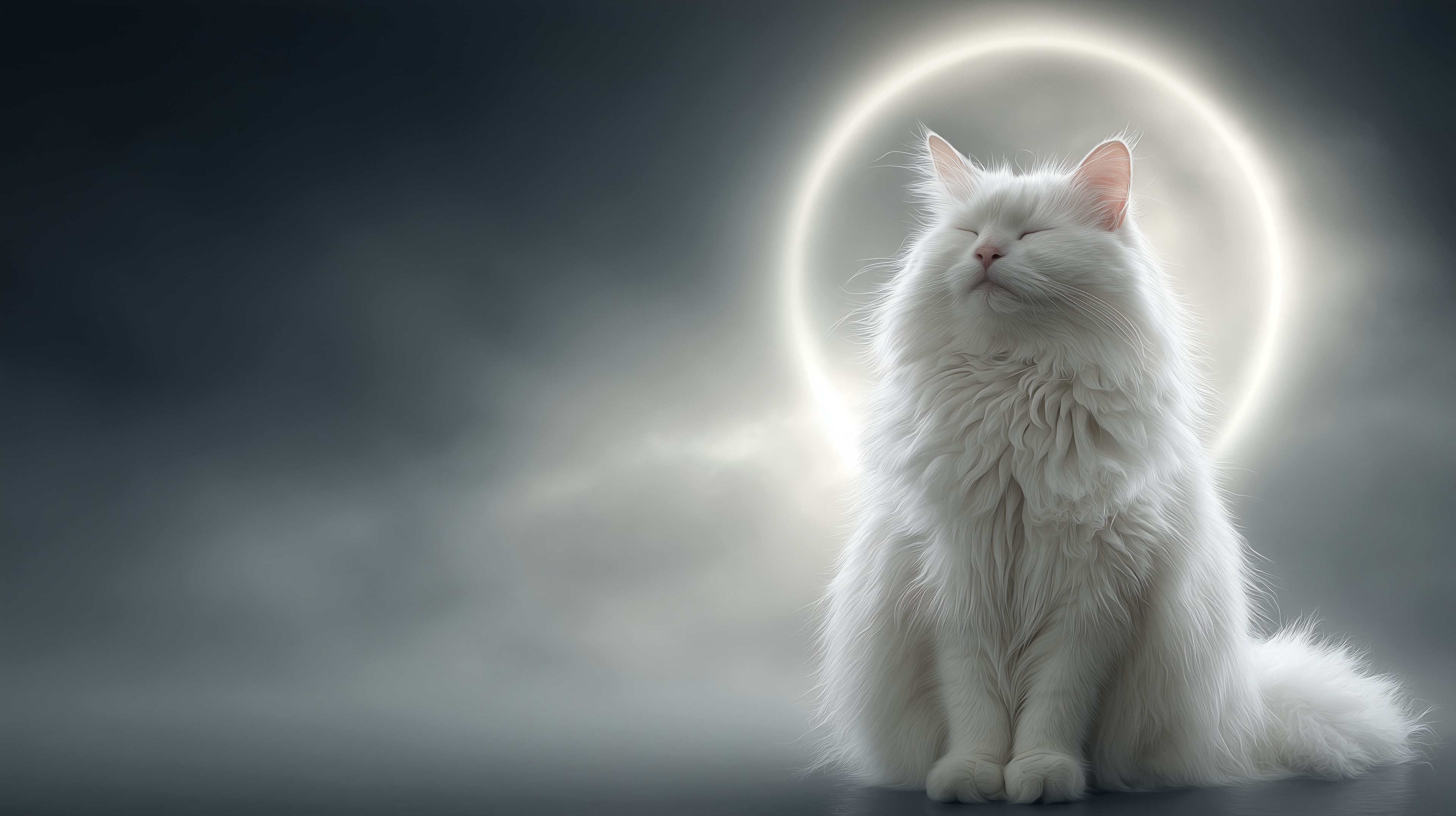 Mystical White Cat with Halo Glow - Dreamy Night Wallpaper - High Resolution calm-wallpaper Wallpaper for Mobile and Desktop