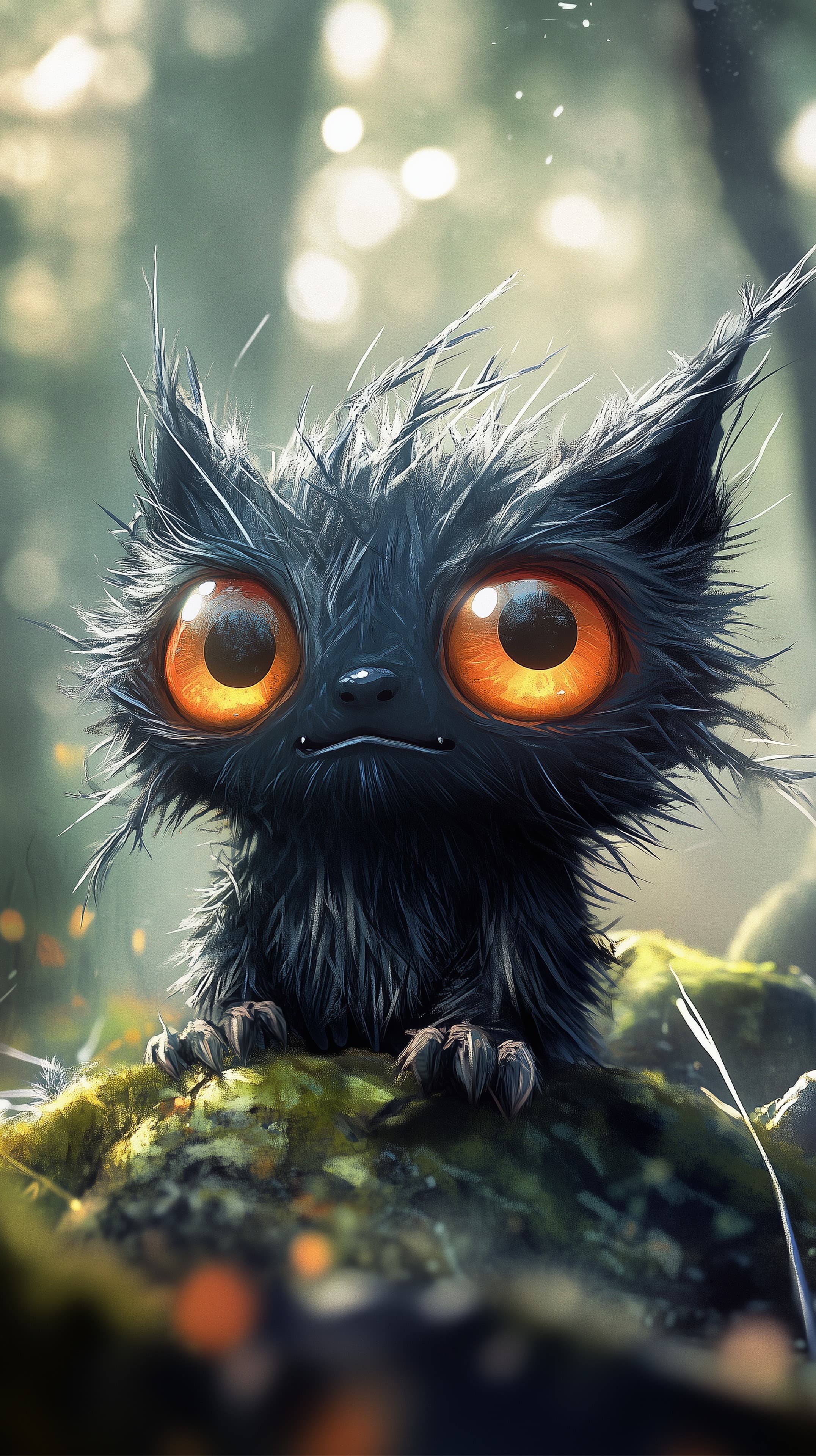 Whimsical Forest Creature with Giant Orange Eyes in Sunlight - High Resolution big-eyes Wallpaper for Mobile and Desktop