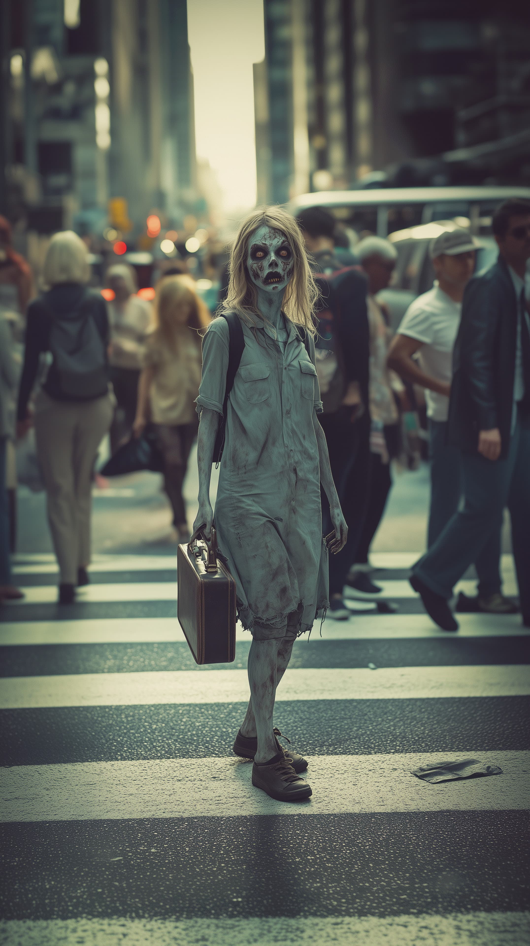 Urban zombie on a crosswalk: eerie city wallpaper scene - High Resolution city-street Wallpaper for Mobile and Desktop
