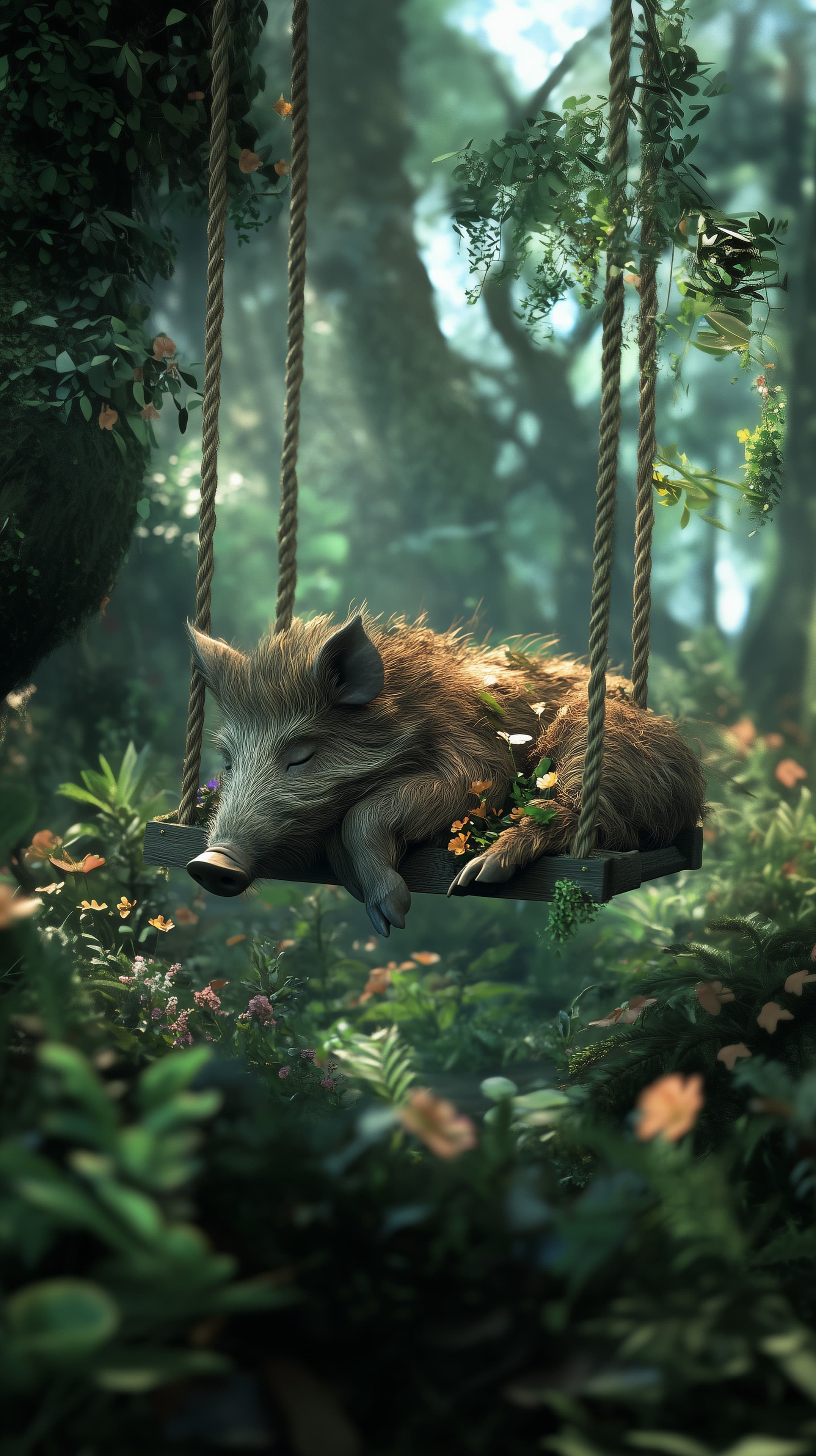 Serene Forest Swing: Sleeping Boar in Dappled Light - High Resolution animal Wallpaper for Mobile and Desktop