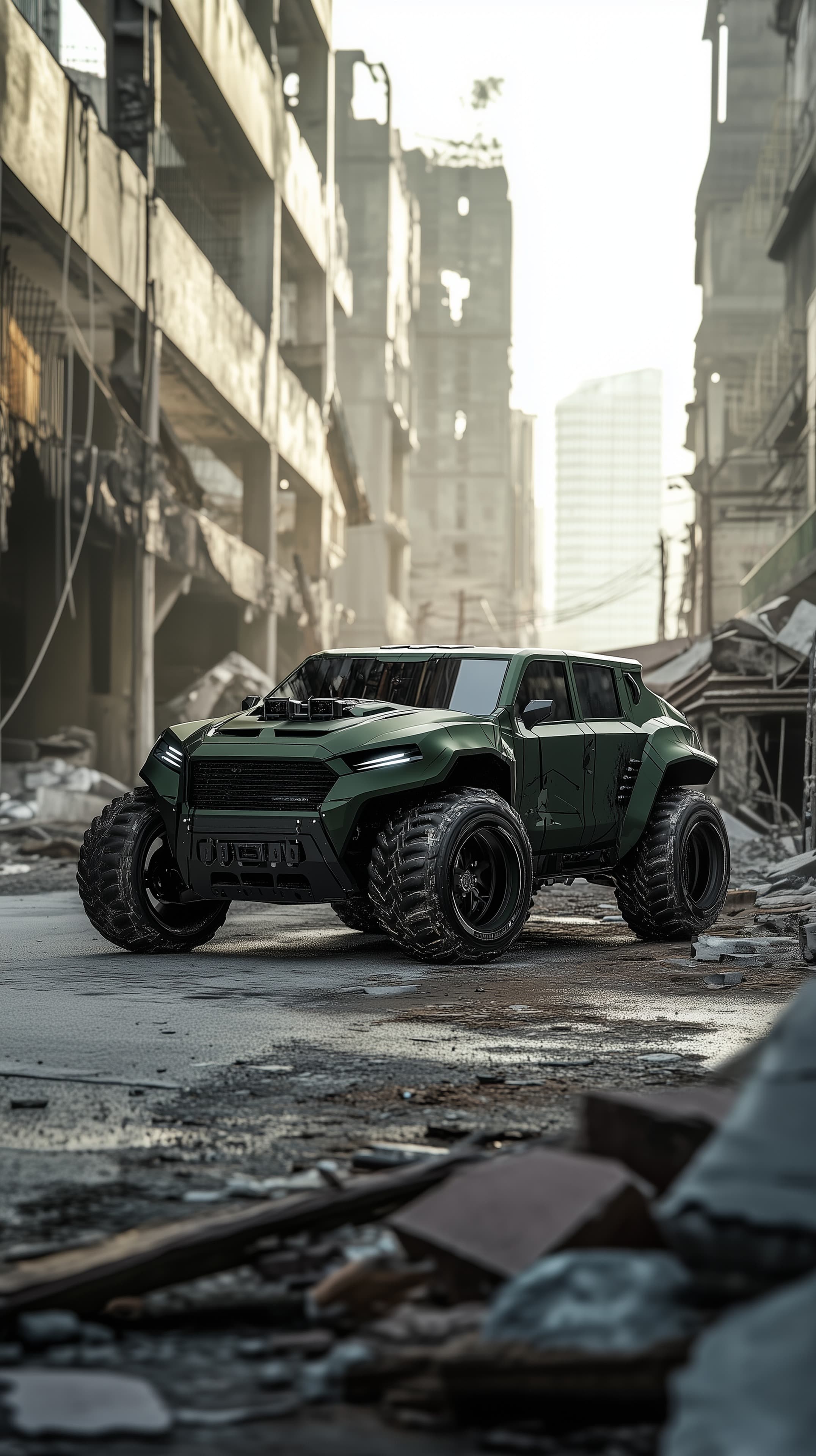 Urban Wasteland Warrior: Rugged Off-Road Vehicle in Ruins - High Resolution armored-design Wallpaper for Mobile and Desktop