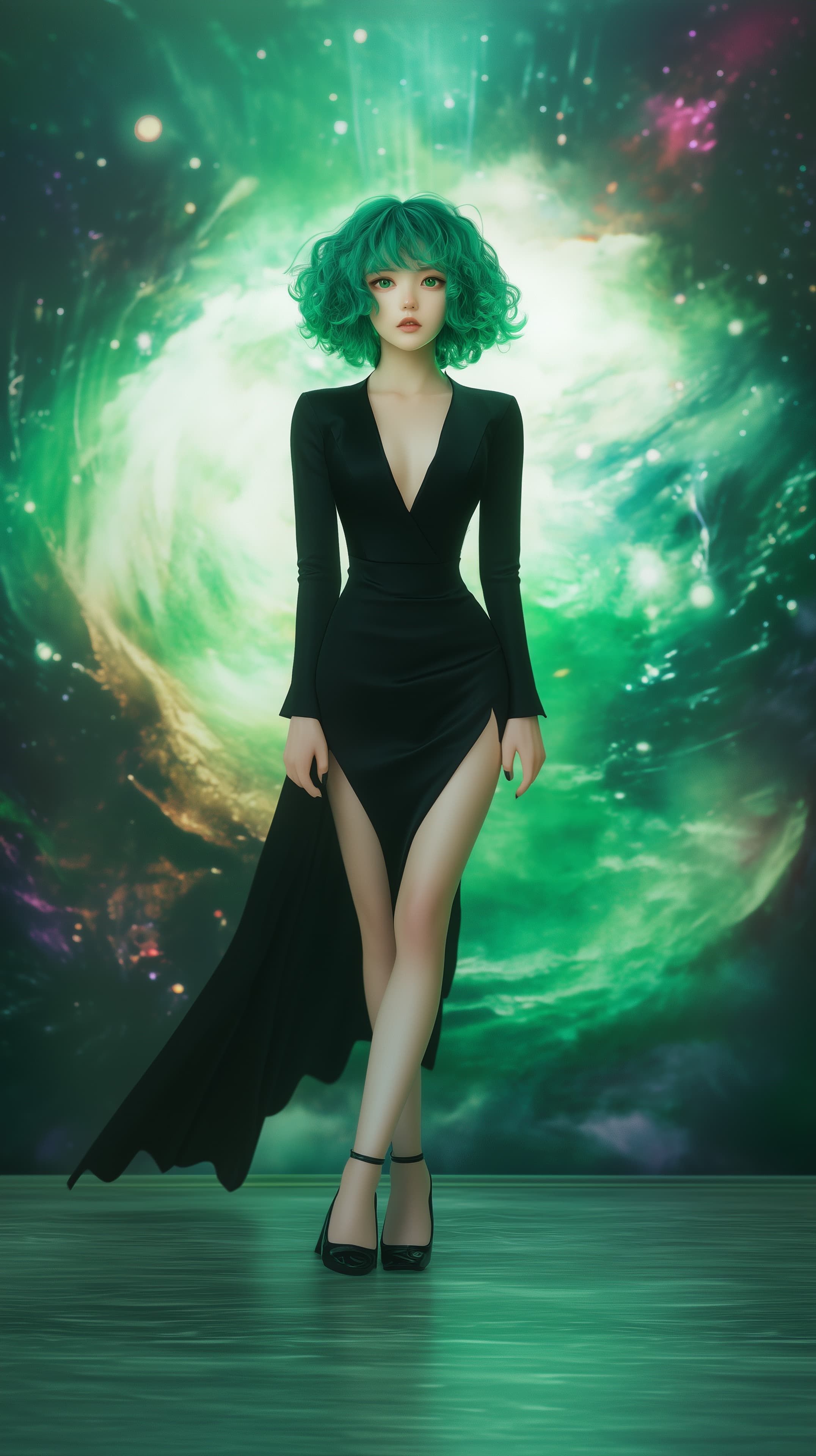 Mystic Green Haired Muse in Velvet Black Gown Portrait Wallpaper - High Resolution black-dress Wallpaper for Mobile and Desktop