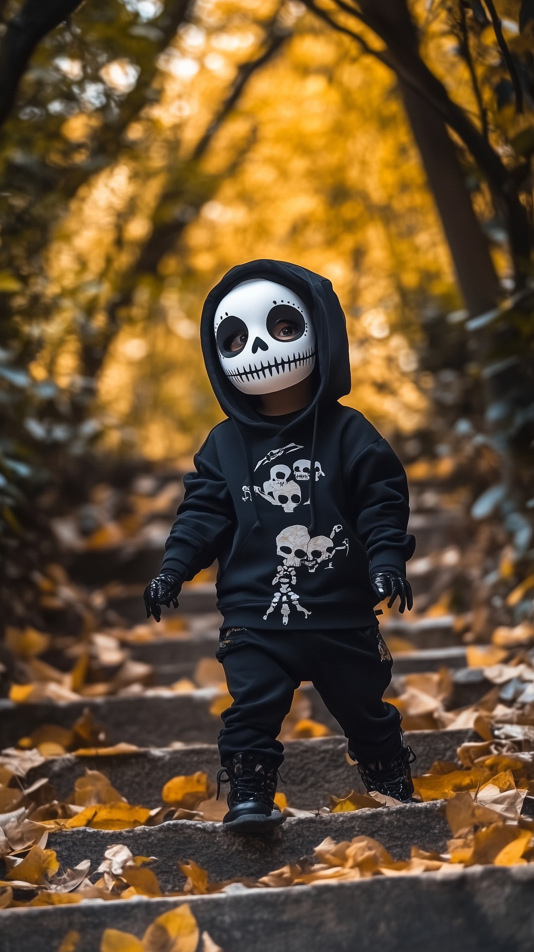 Autumn Forest Path Kid in Skull Hoodie Wallpaper for Halloween Vibes - High Resolution autumn Wallpaper for Mobile and Desktop