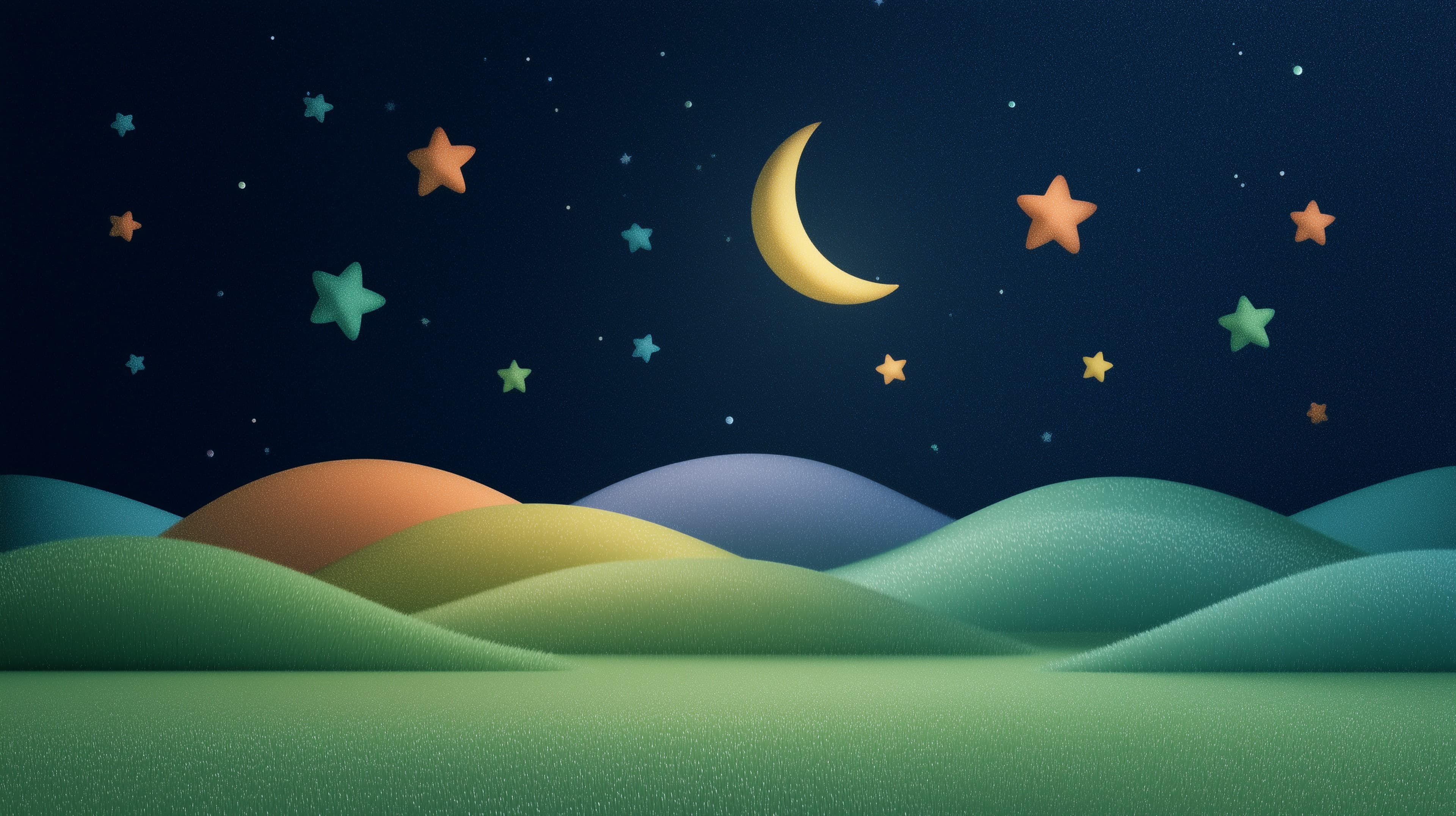 Dreamy Moonlit Hills with Colorful Stars - Night Landscape Wallpaper - High Resolution calming-decor Wallpaper for Mobile and Desktop