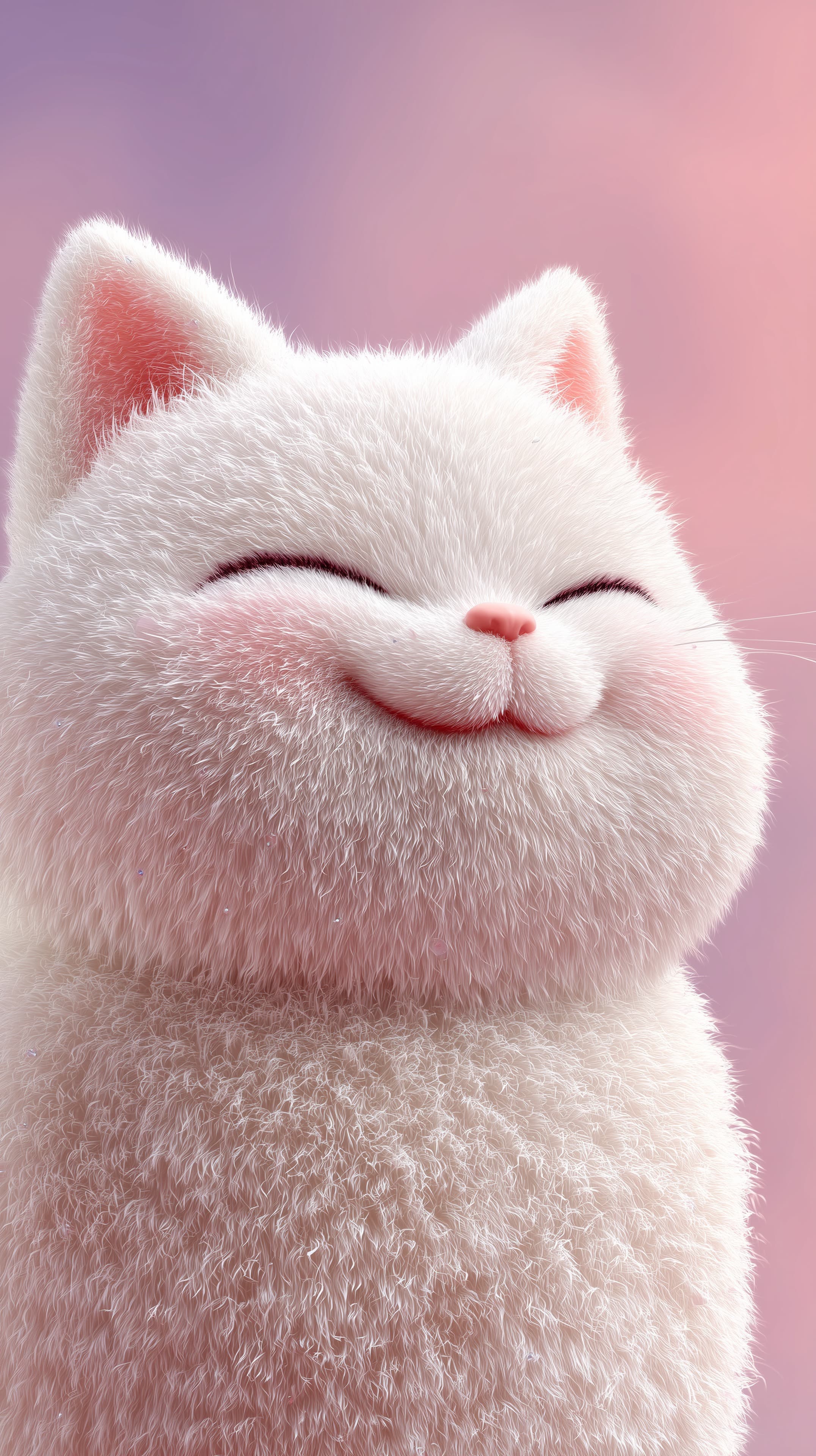Soft White Plush Cat Portrait in a Pastel Pink Glow - High Resolution 3d-illustration Wallpaper for Mobile and Desktop