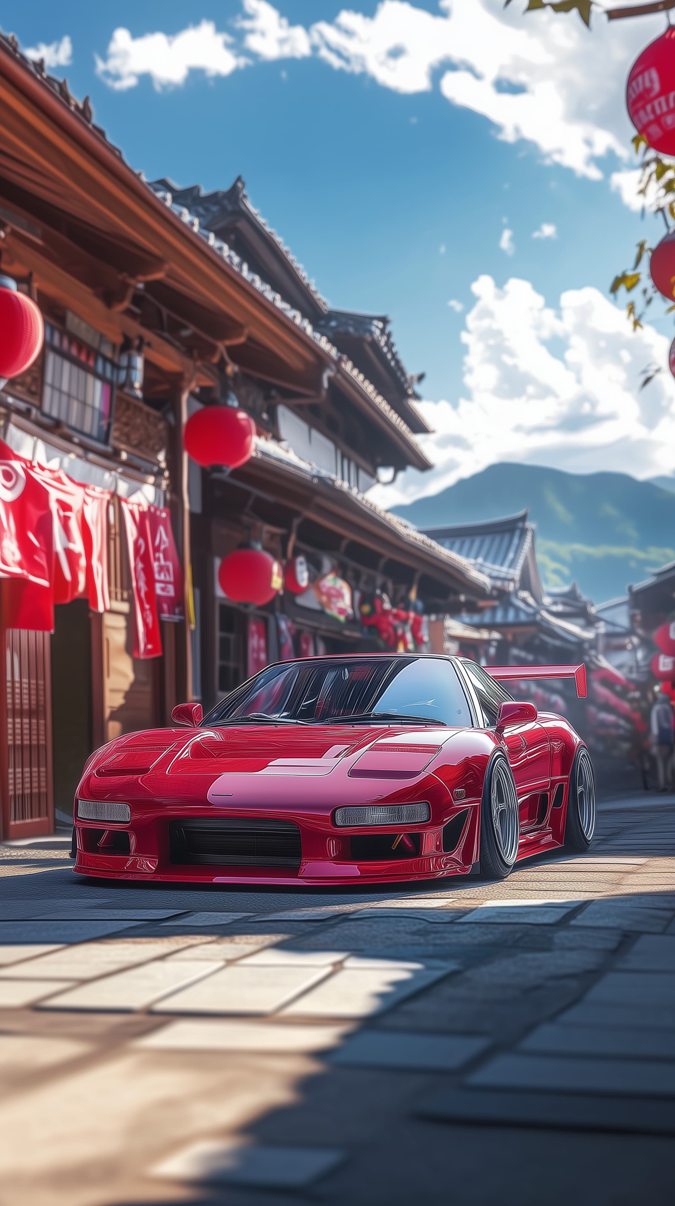 Vibrant Red Sports Car in a Traditional Asian Street Scene - High Resolution asian-street Wallpaper for Mobile and Desktop