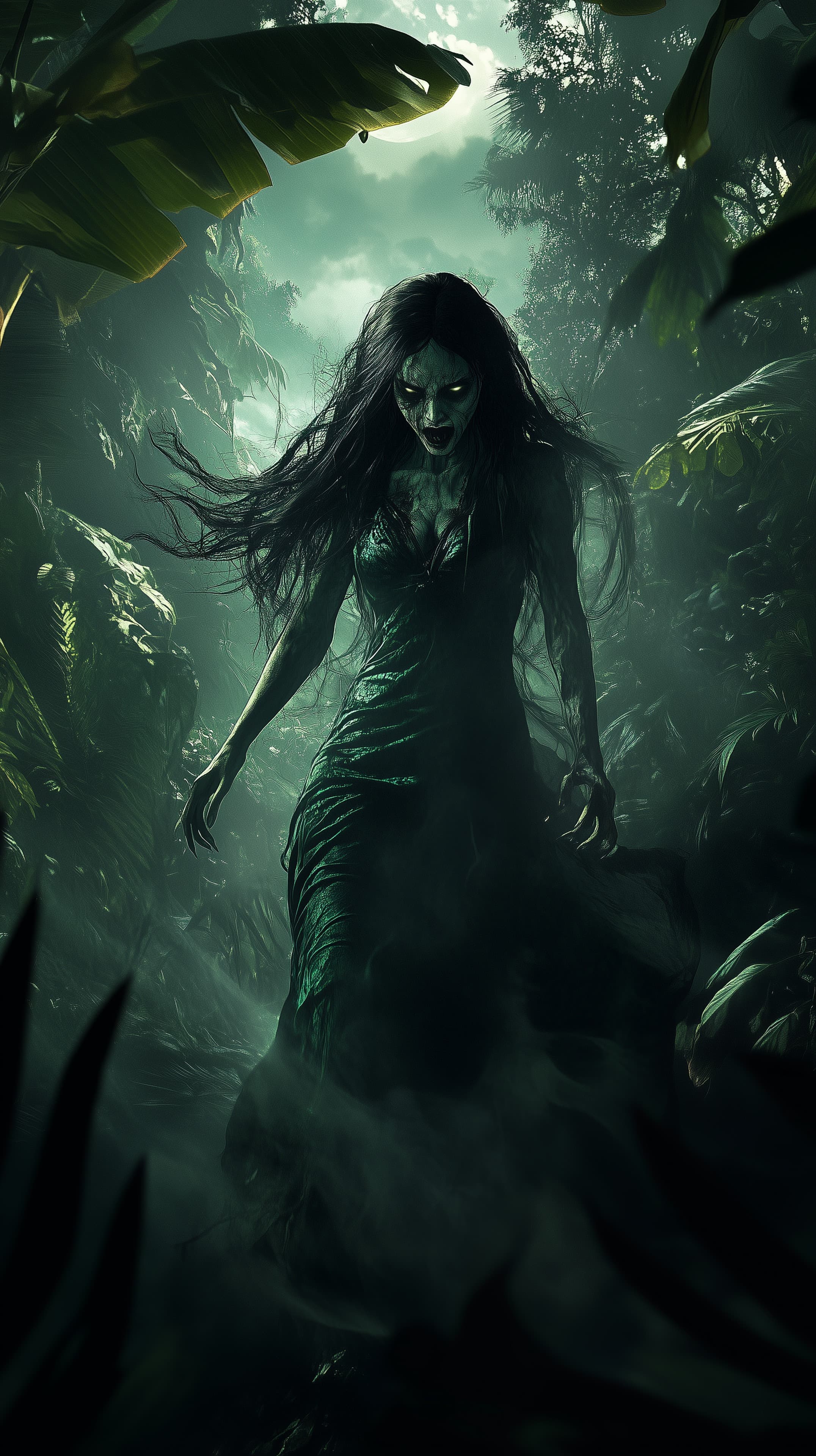 Emerald Night Forest Spirit: Dark Fantasy Portrait - High Resolution dark-fantasy Wallpaper for Mobile and Desktop